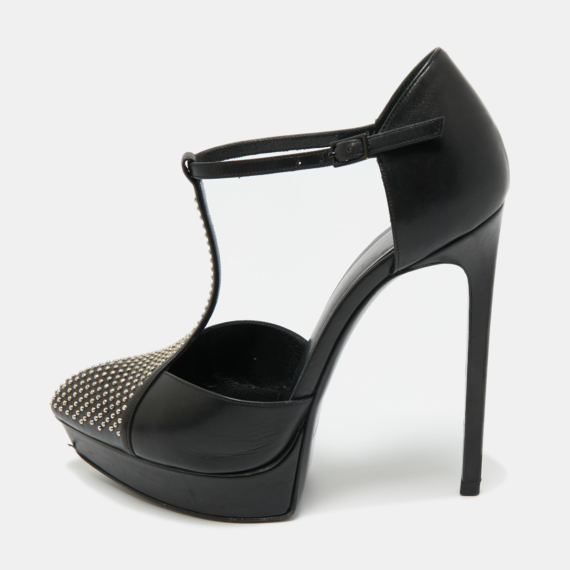 Pre-owned Saint Laurent Black Leather Studded T-bar Janis Platform Pumps 36.5