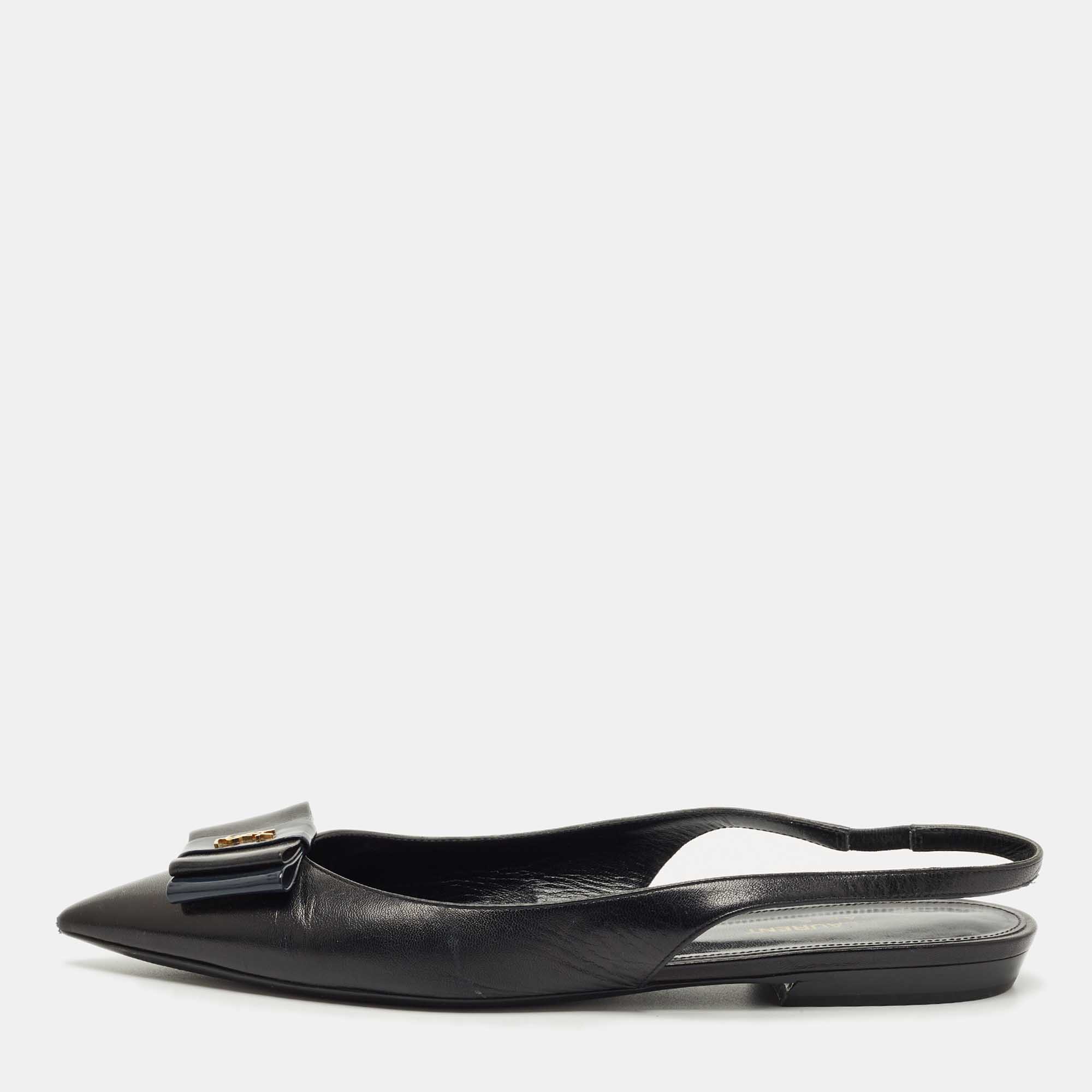 Pre-owned Saint Laurent Black Leather Slingback Flat Sandals Size 39