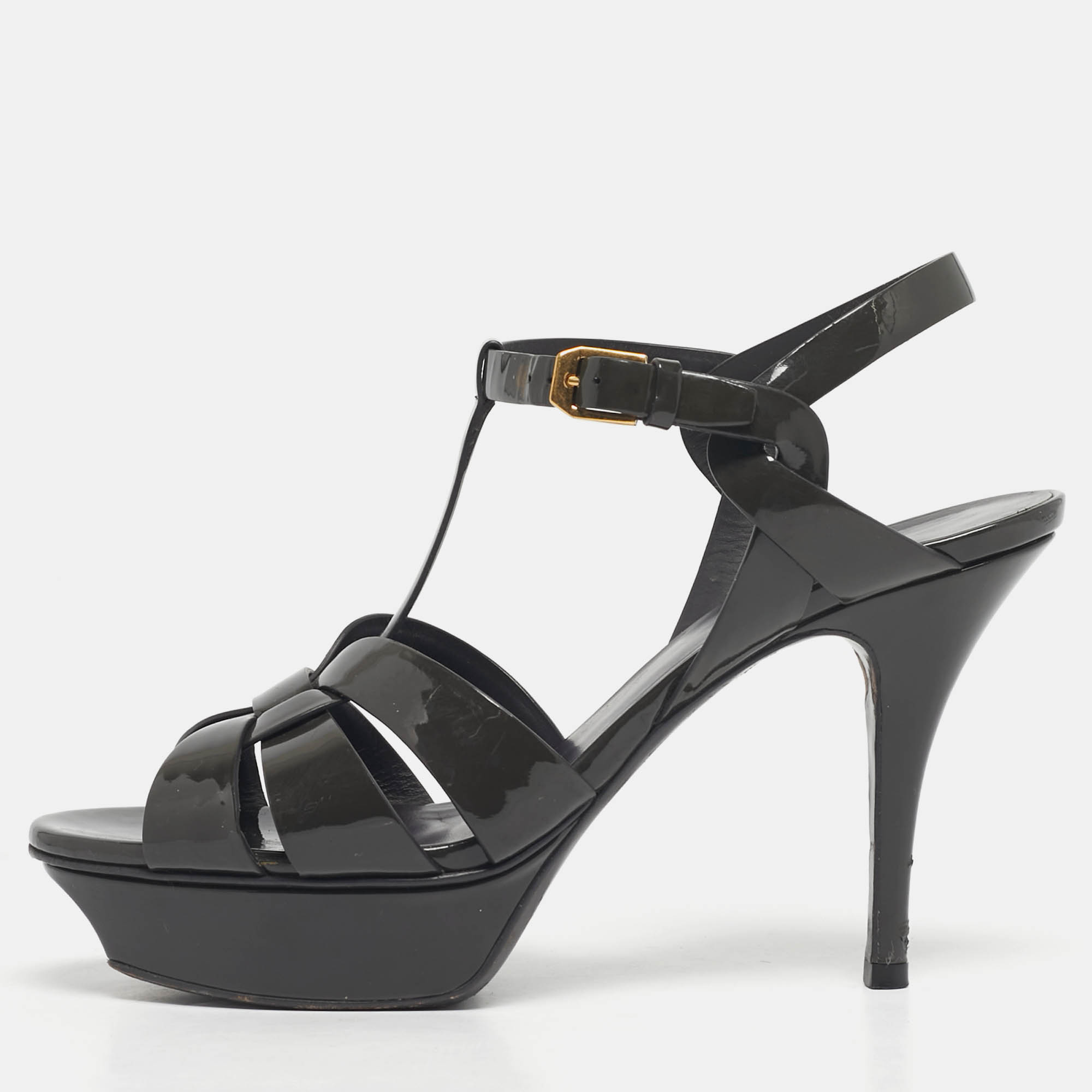 Pre-owned Saint Laurent Grey Patent Leather Tribute Platform Sandals Size 38 In Gray