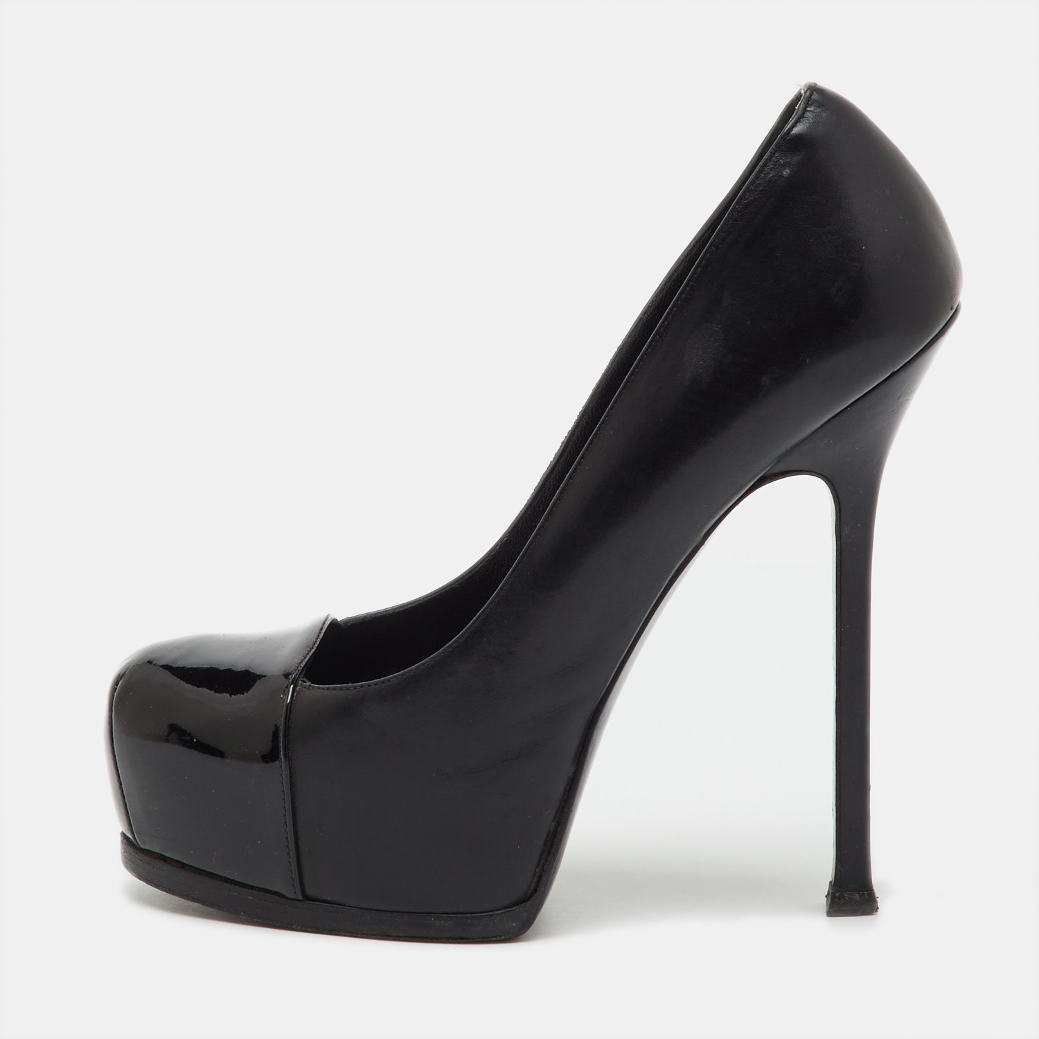 Pre-owned Saint Laurent Black Leather And Patent Leather Cap Toe Tribtoo Platform Pumps Size 38
