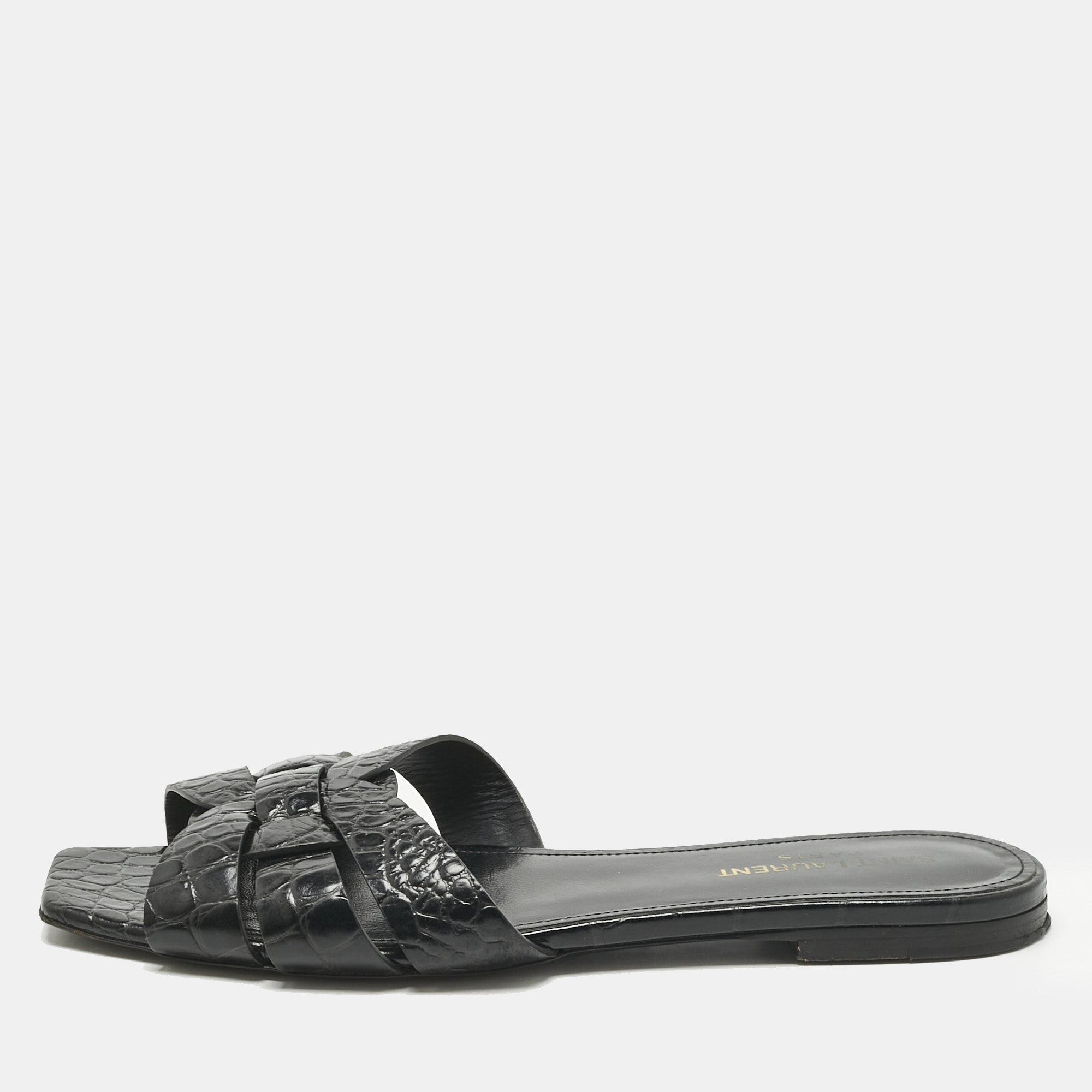 Pre-owned Saint Laurent Black Croc Embossed Patent Leather Tribute Flat Slides Size 38.5