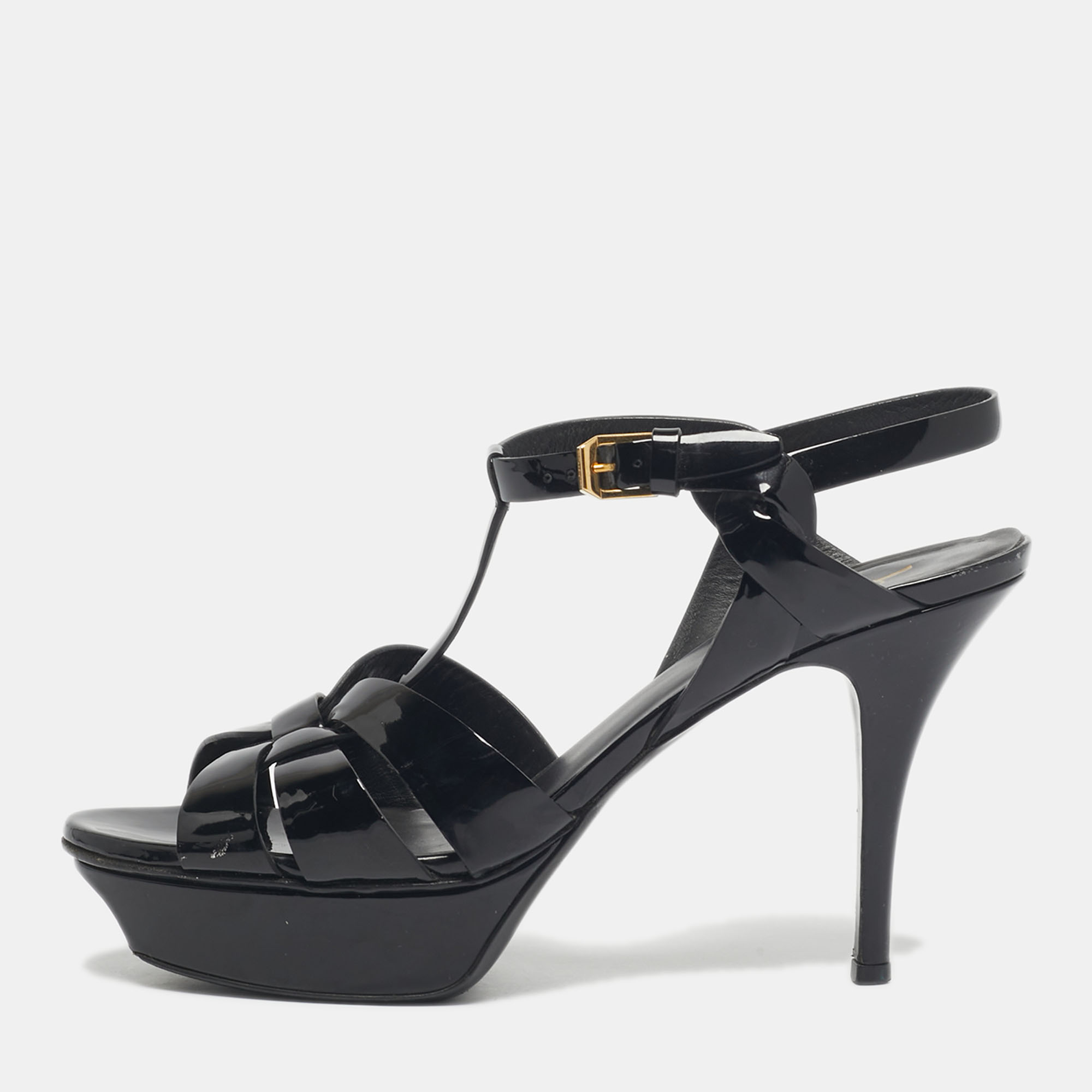 Pre-owned Saint Laurent Black Patent Leather Tribute Platform Sandals Size 39