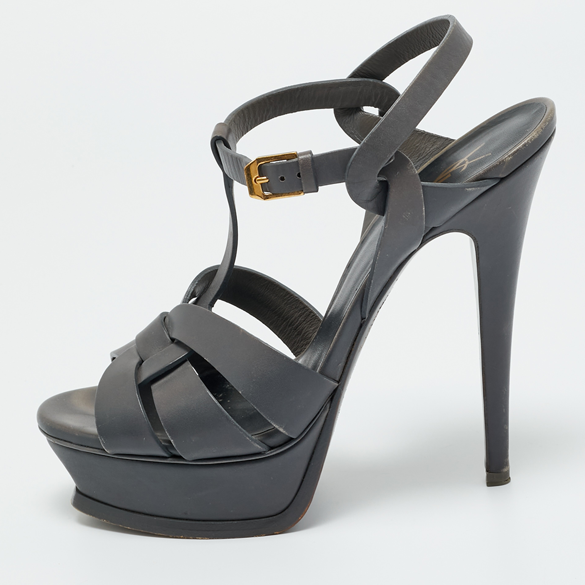 Pre-owned Saint Laurent Grey Leather Tribute Platform Sandals Size 37 In Gray
