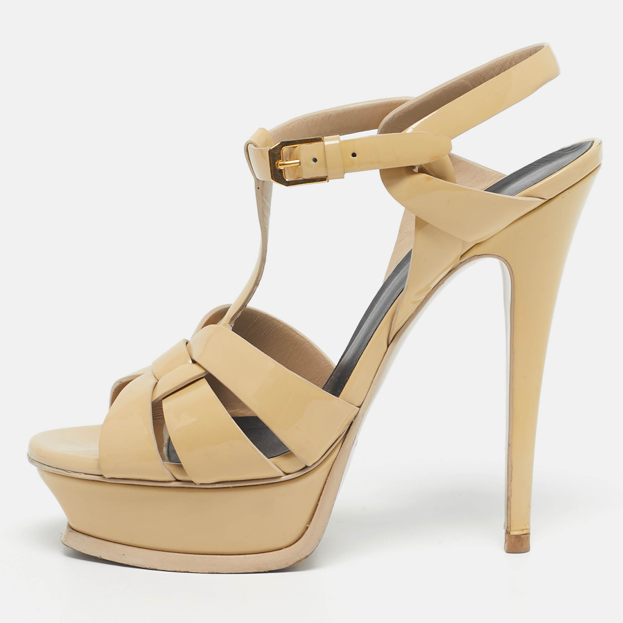 Pre-owned Saint Laurent Beige Patent Leather Tribute Platform Ankle Strap Sandals Size 37