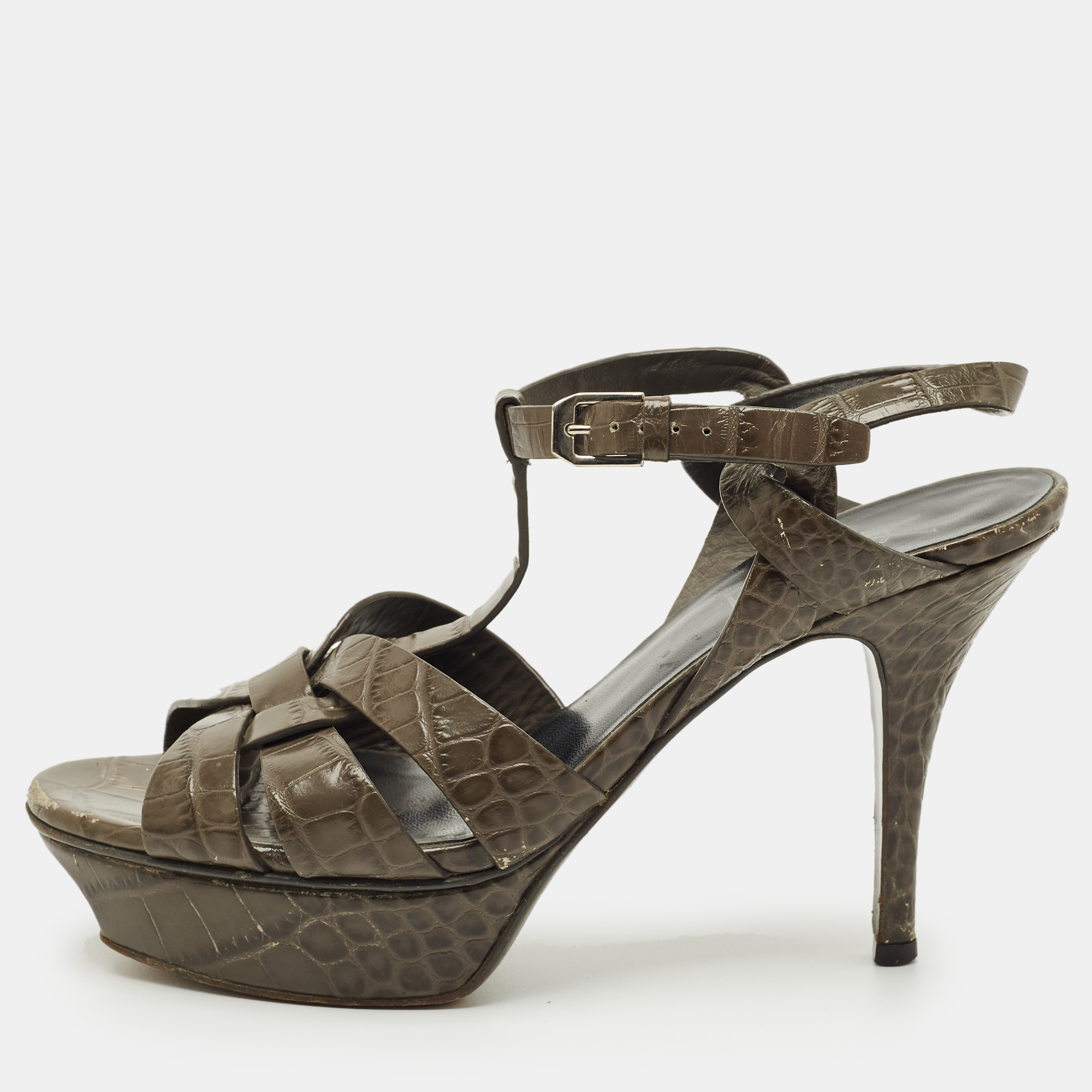

Saint Laurent Grey Croc Embossed Leather Tribute Ankle Strap Sandals Size