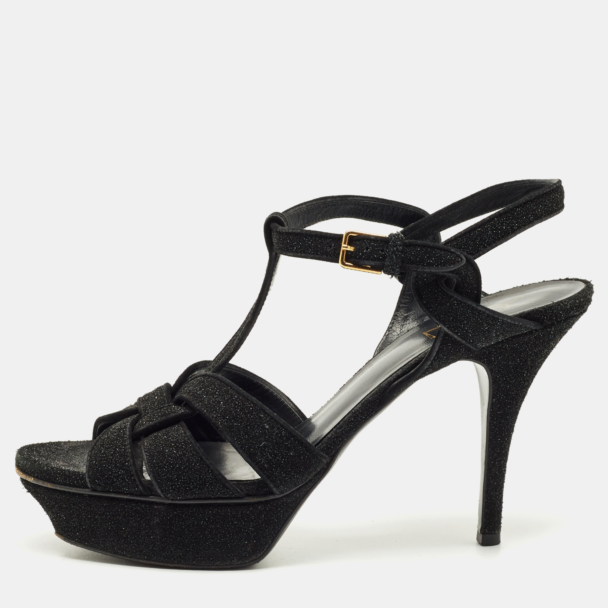 Pre-owned Saint Laurent Black Glitter Suede Tribute Platform Sandals Size 40