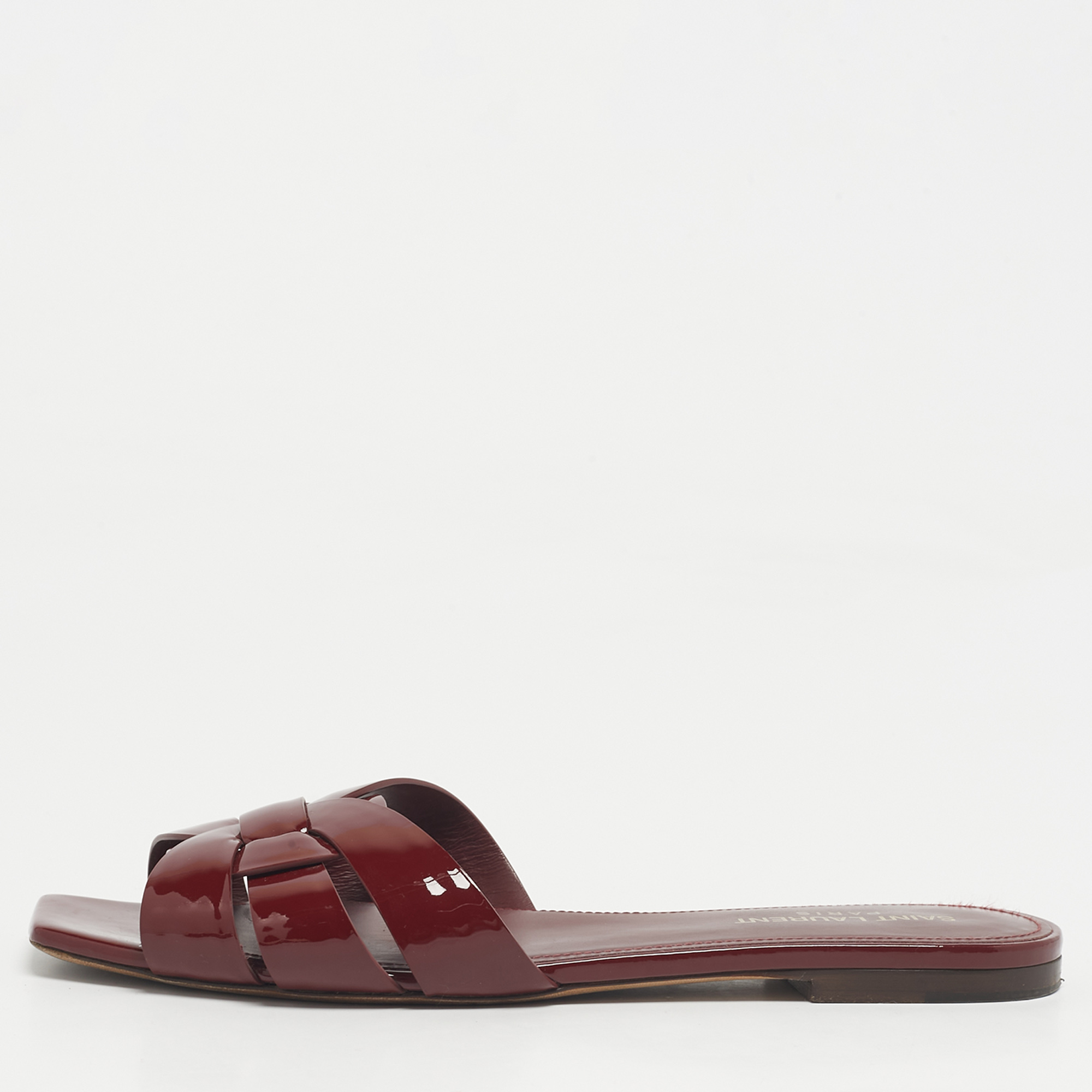 

Saint Laurent Burgundy Patent Leather Tribute Flat Slides Size