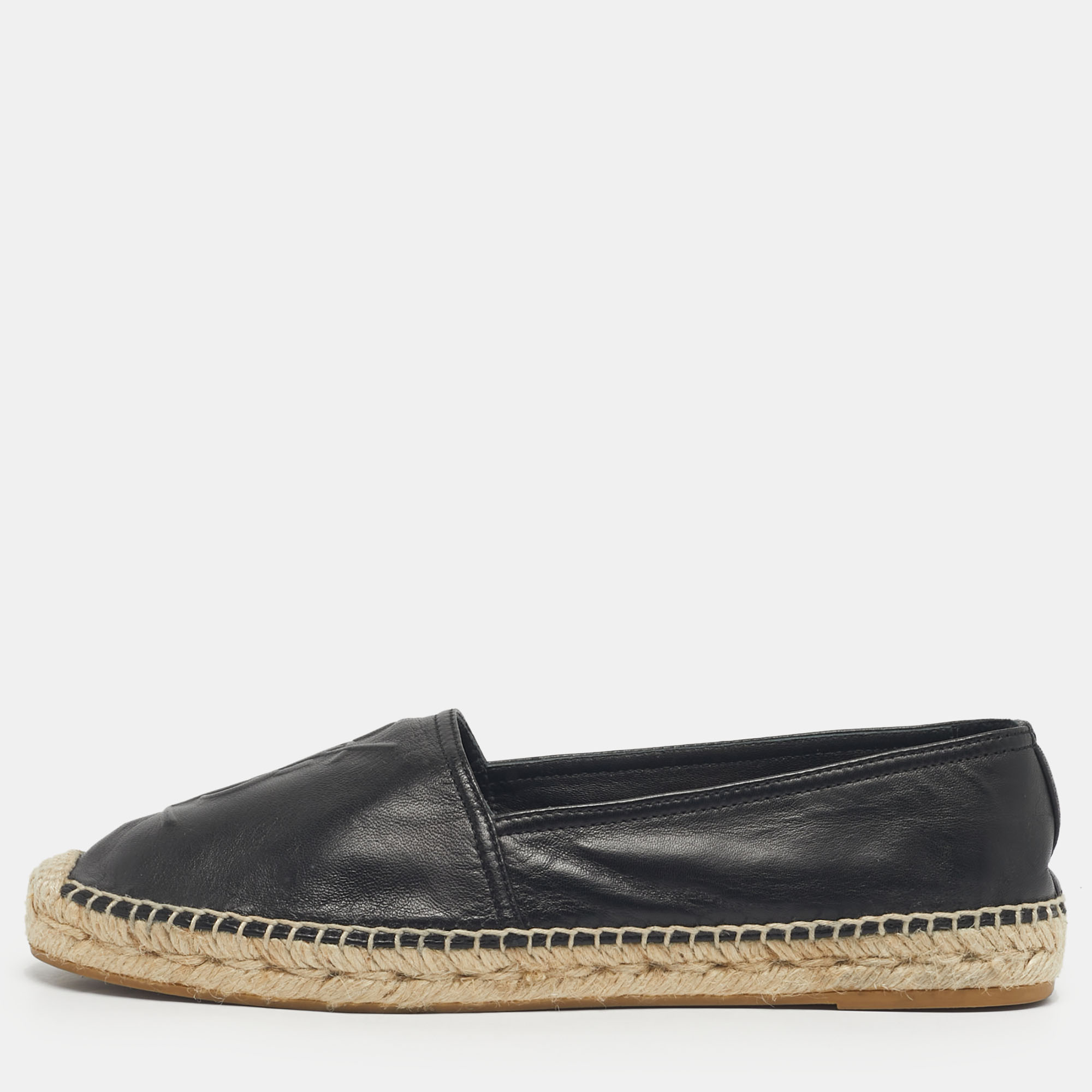 

Saint Laurent Black Leather Cassandre Espadrille Flats Size
