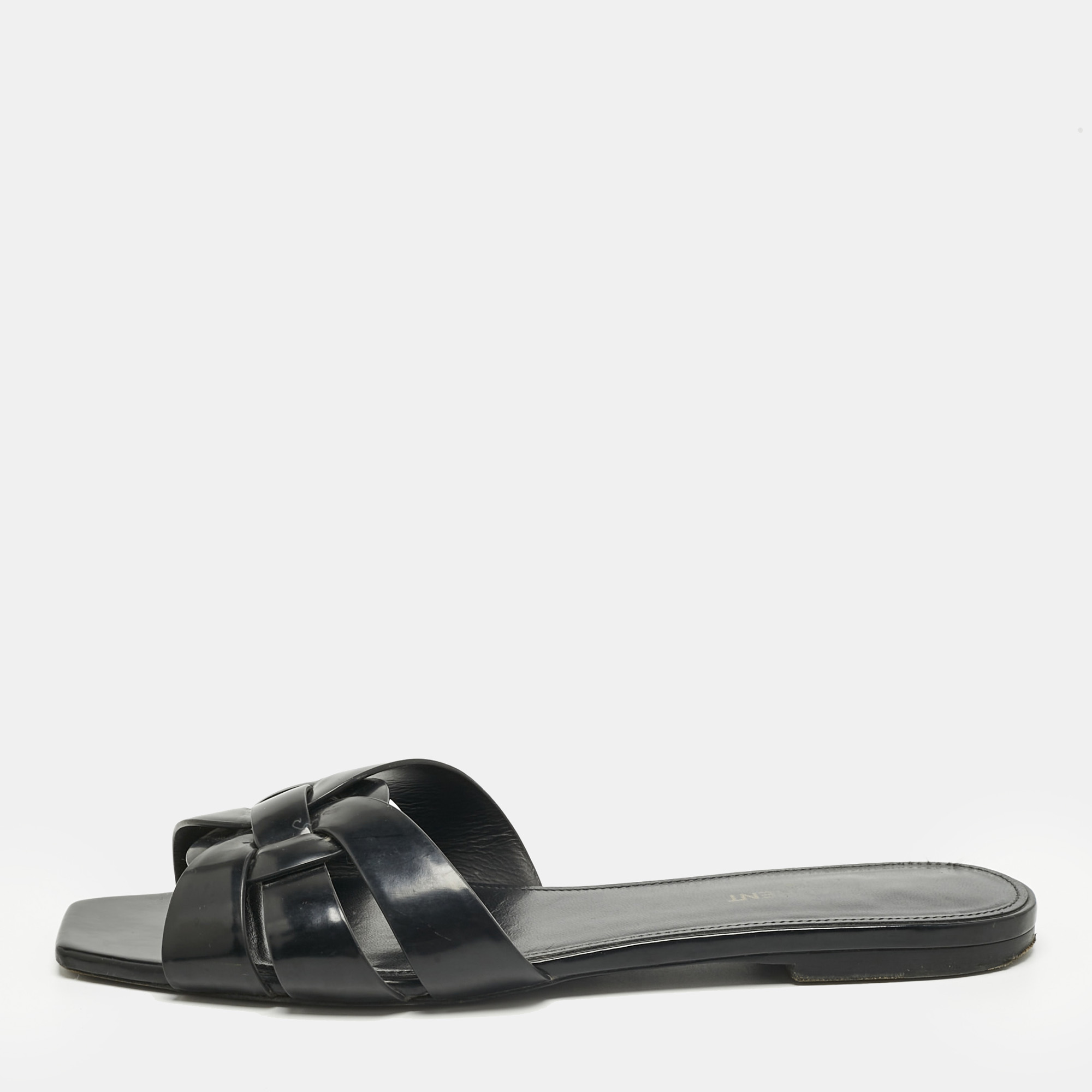 Pre-owned Saint Laurent Black Patent Leather Tribute Flat Slides Size 39