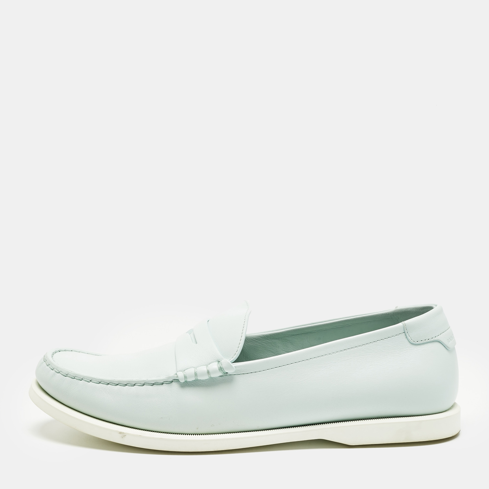 Pre-owned Saint Laurent Blue Leather Penny Slip On Loafers Size 42
