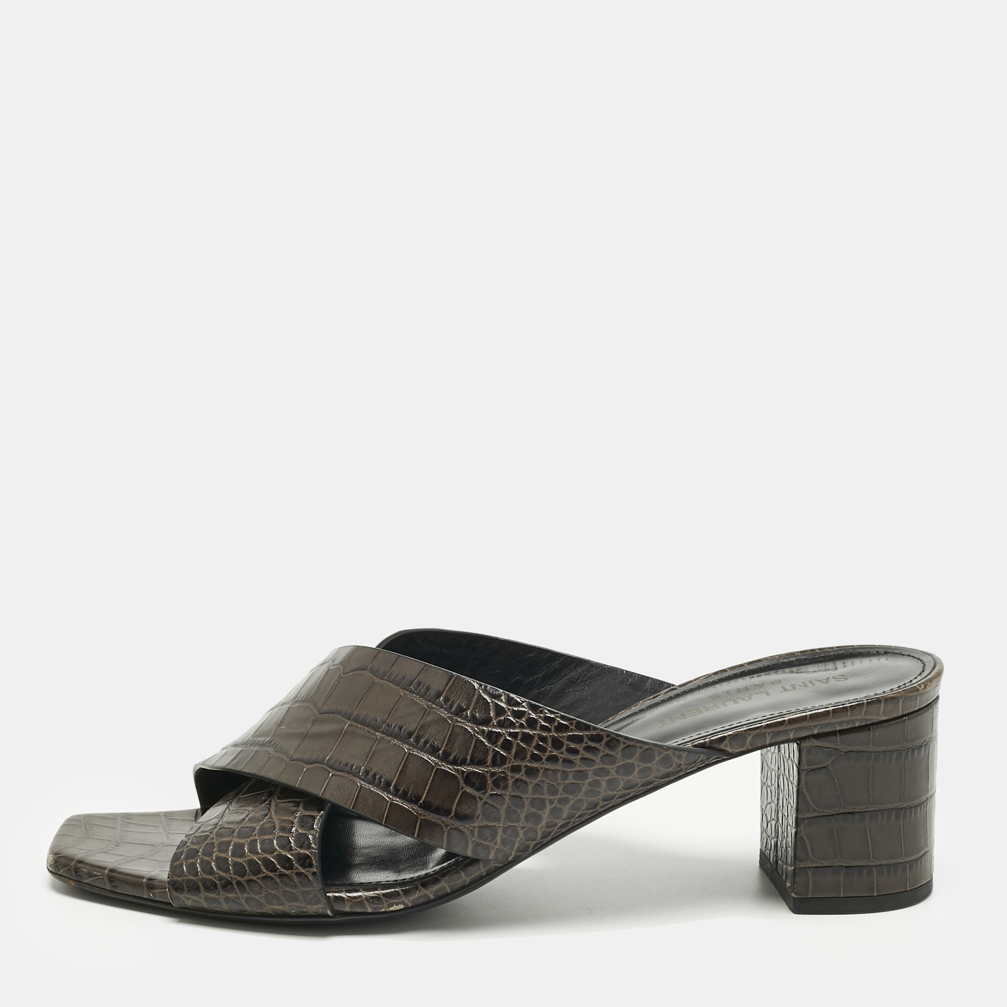 Pre-owned Saint Laurent Brown Croc Embossed Leather Loulou Slide Sandals Size 40.5