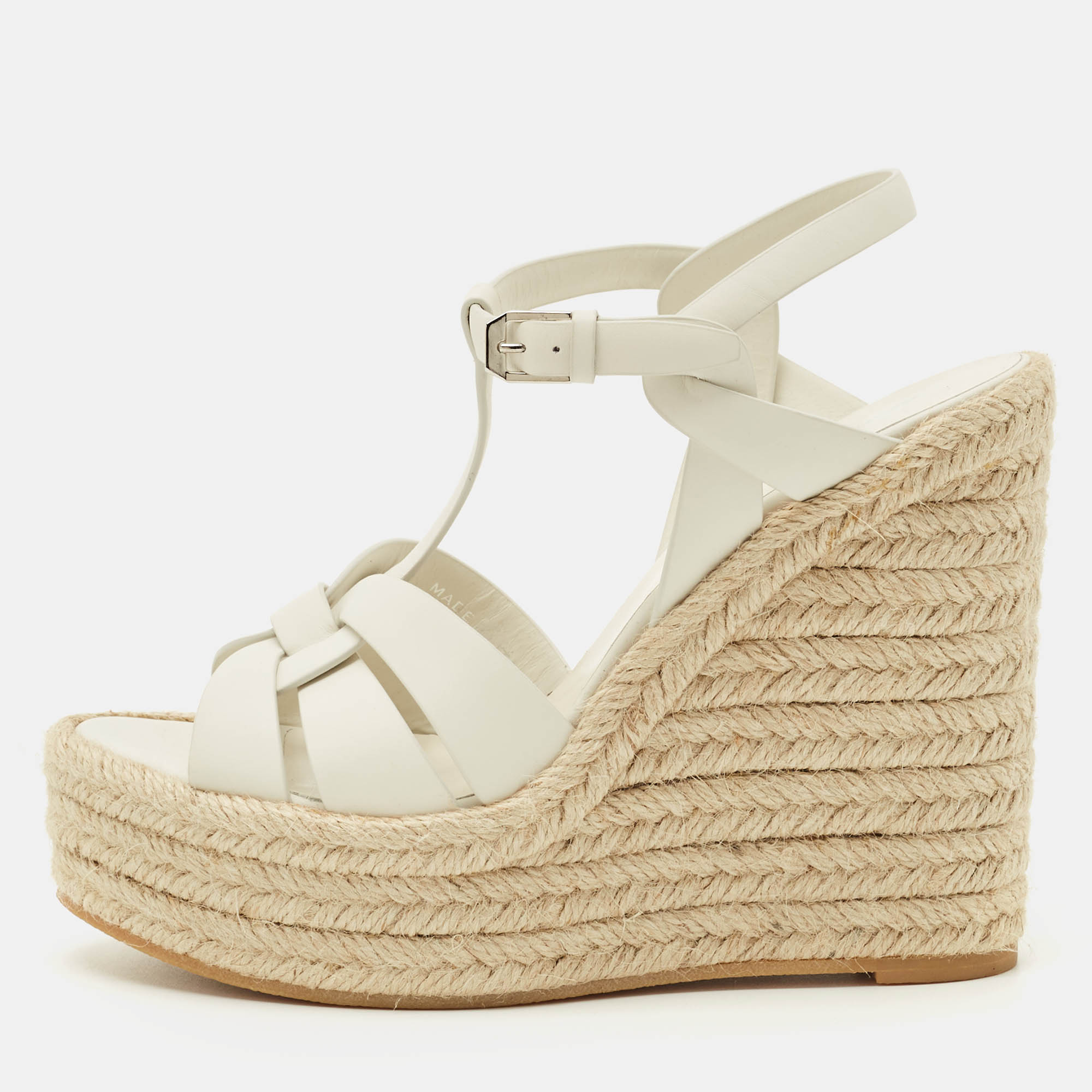 Pre-owned Saint Laurent White Leather Tribute Wedge Espadrille Sandals Size 38