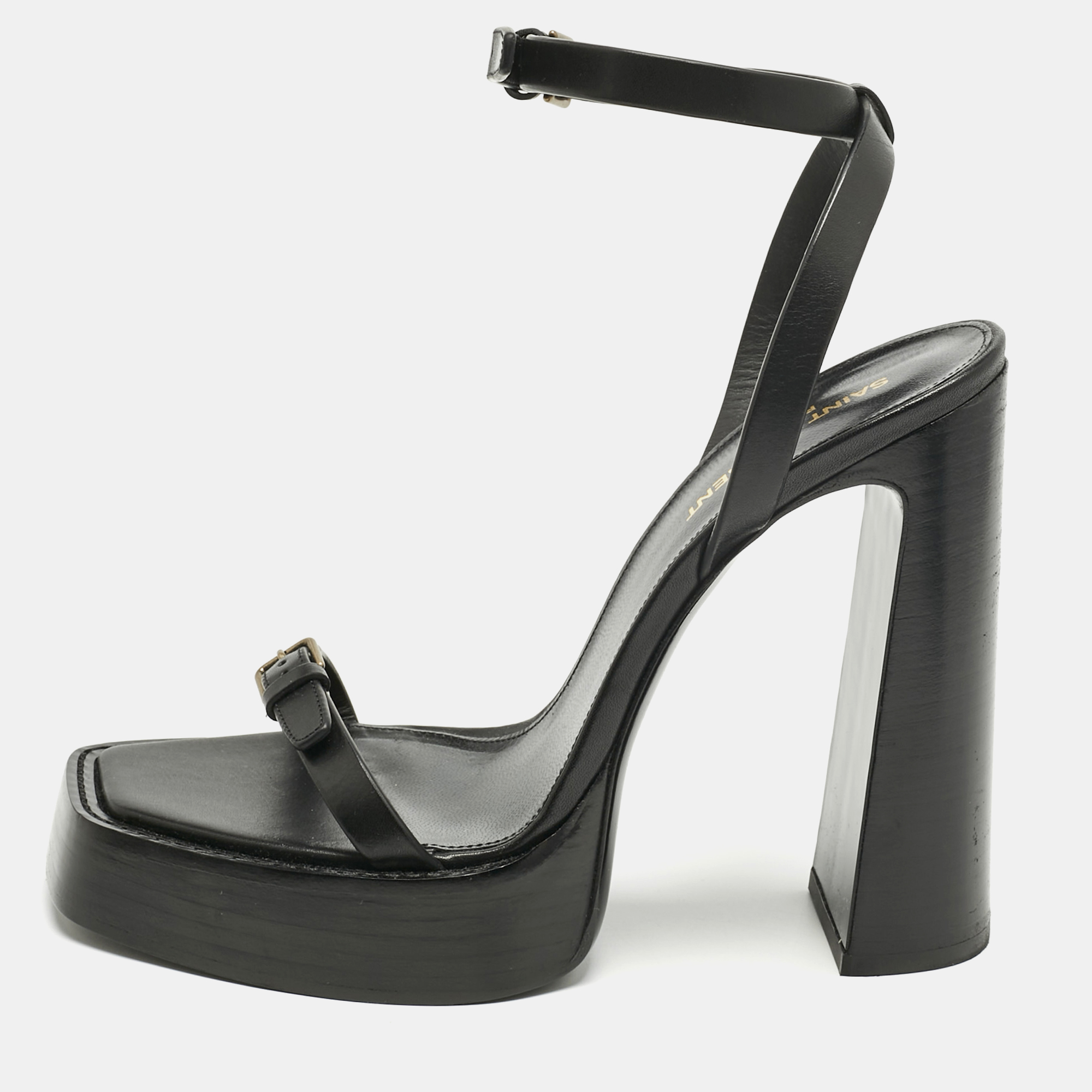 Pre-owned Saint Laurent Black Leather Platz Patform Ankle Strap Sandals Size 40.5