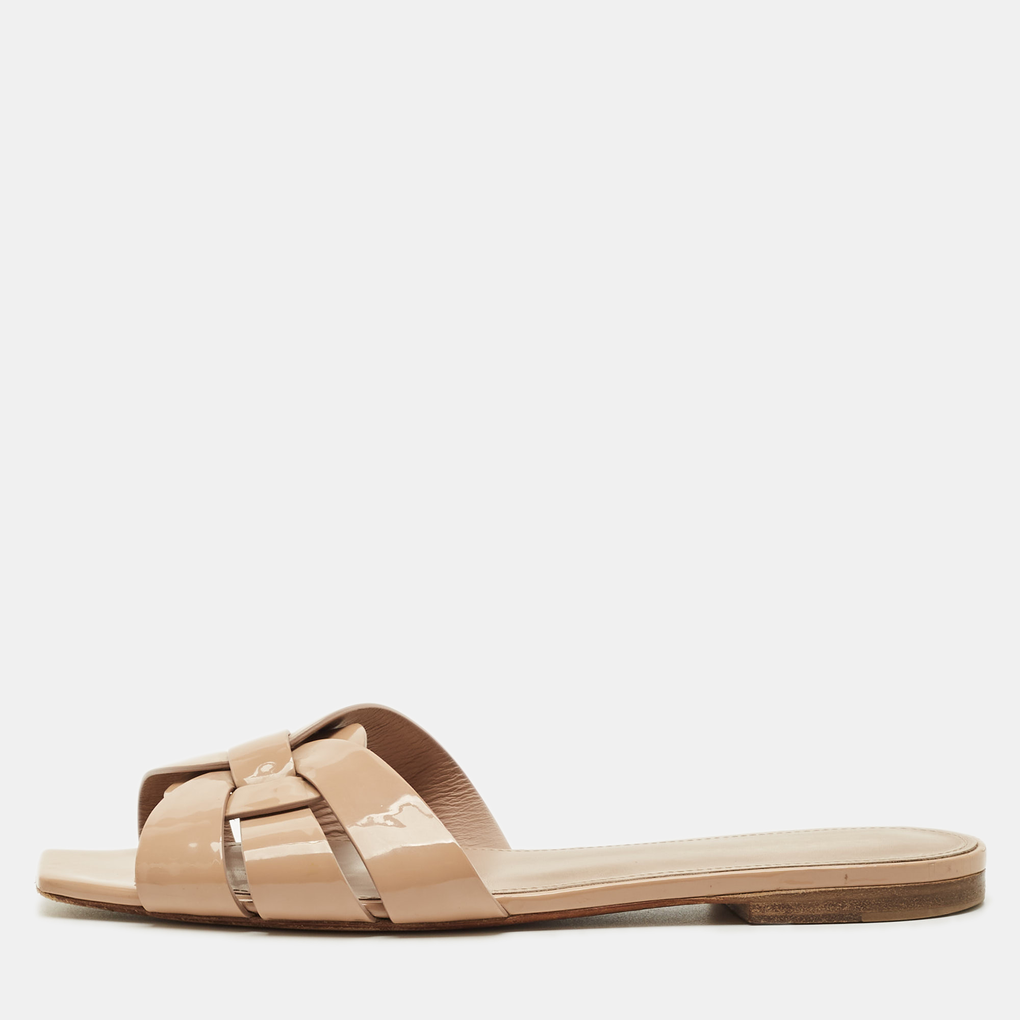 Saint Laurent Beige Patent Leather Tribute Flat Slides Size 38