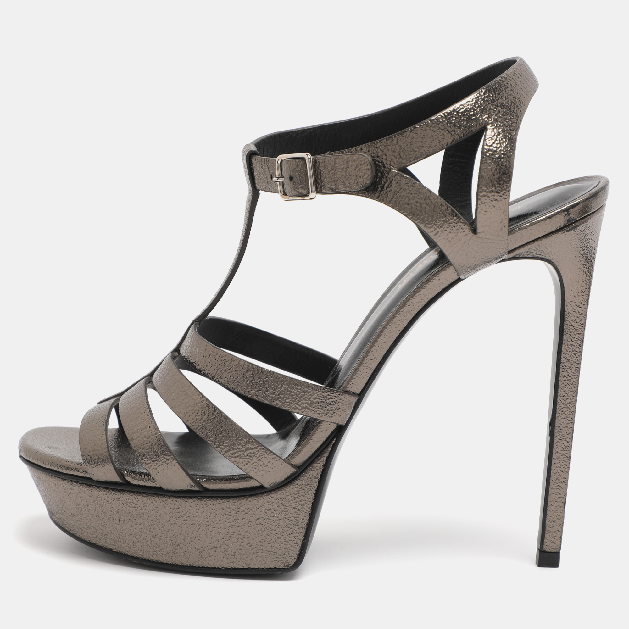 Pre-owned Saint Laurent Metallic Leather Bianca Platform Sandals Size 41 In Silver