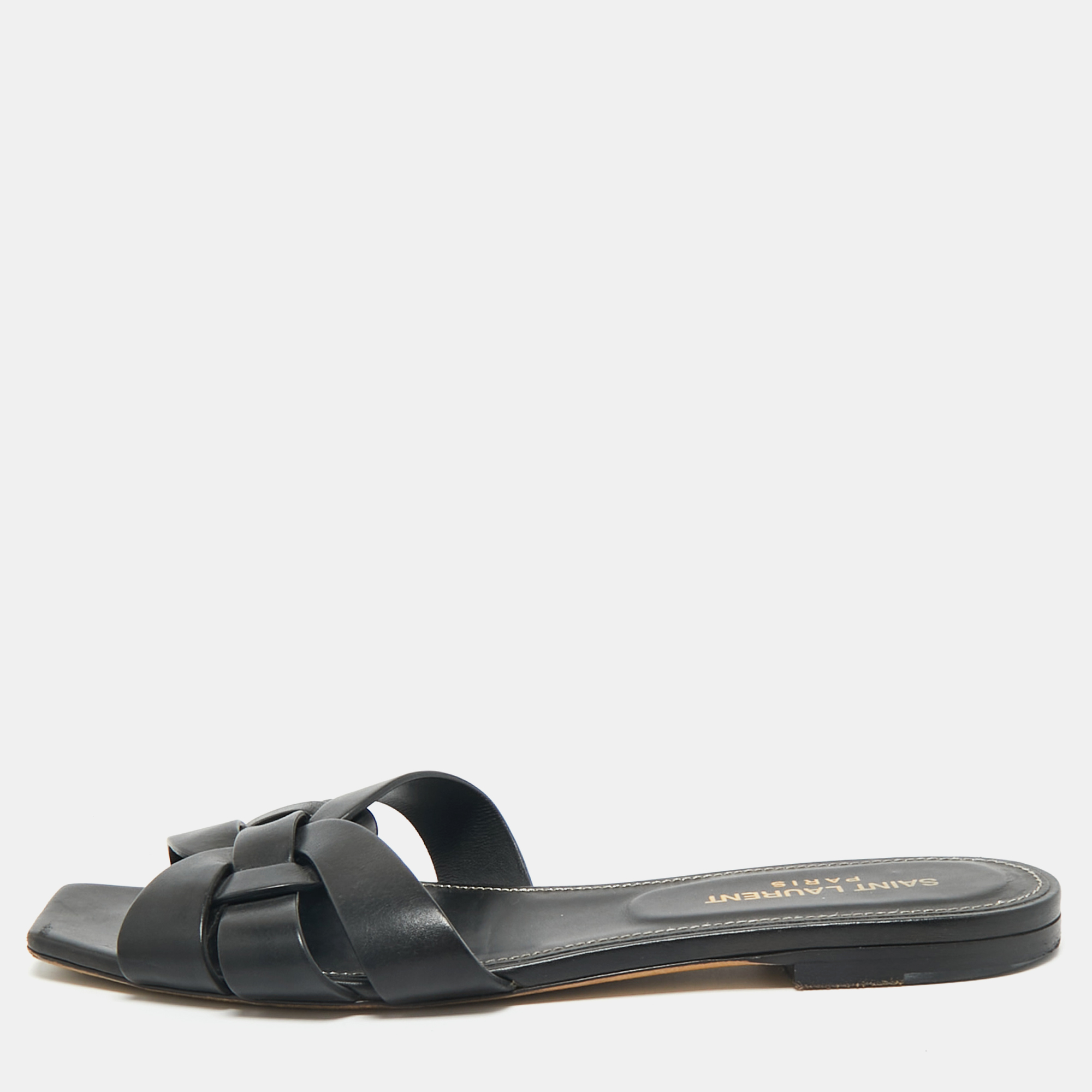 Pre-owned Saint Laurent Black Leather Tribute Flat Sandals Size 38