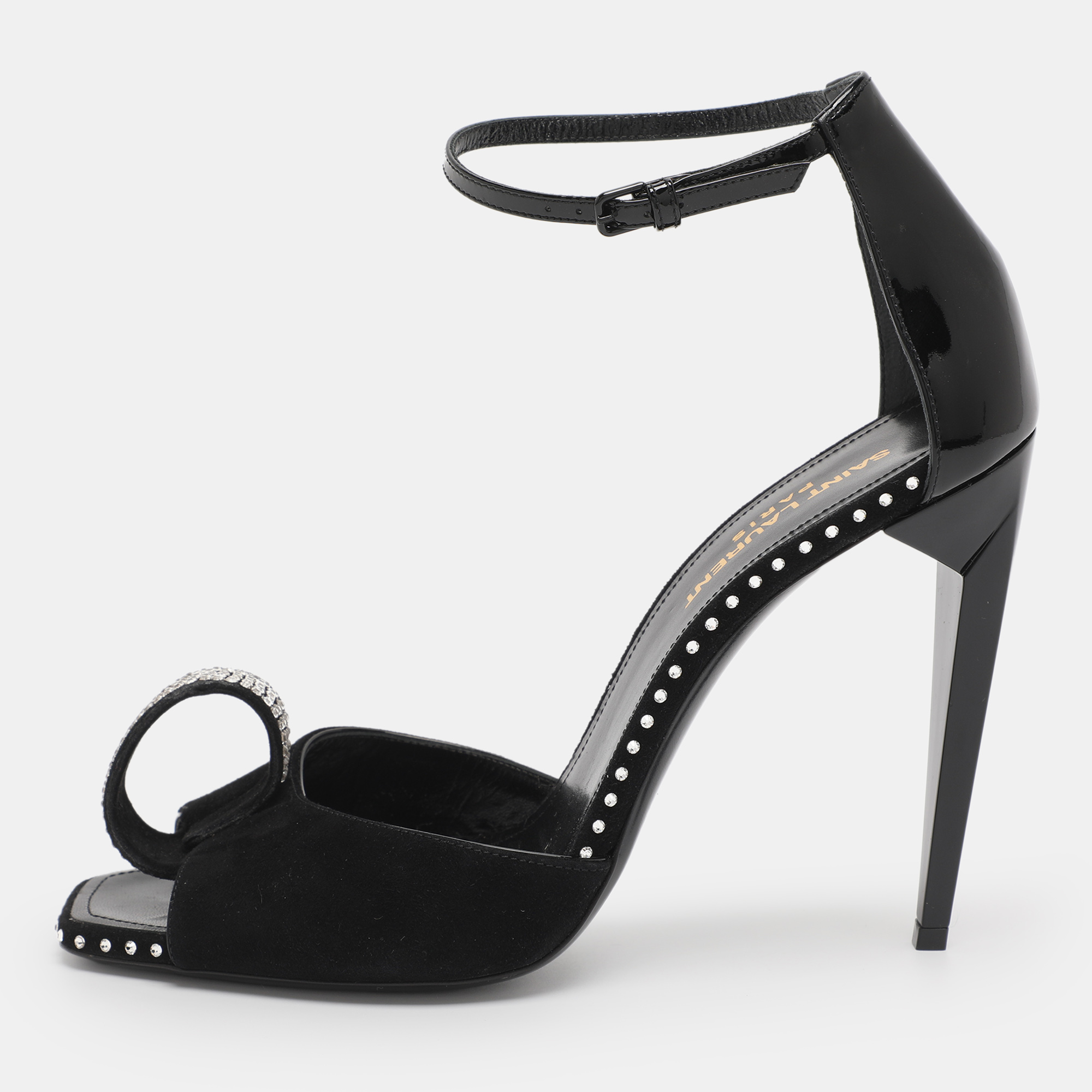 Pre-owned Saint Laurent Black Suede And Patent Leather Crystal Embellished Sandals Size 40