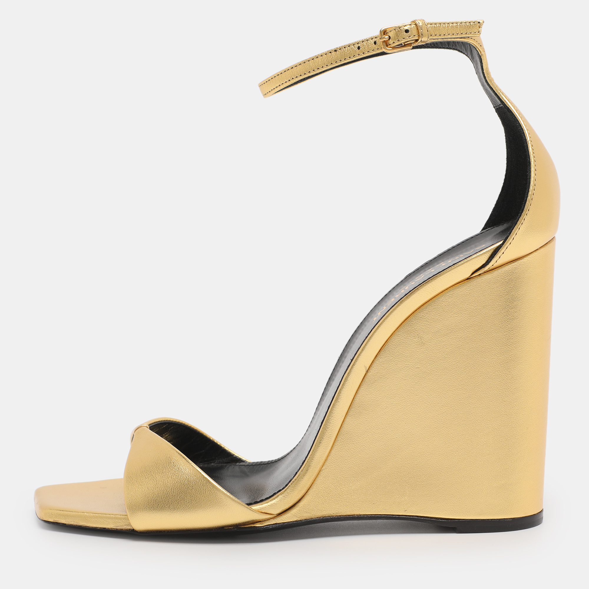 Pre-owned Saint Laurent Gold Metalic Leather Dare Ankle Strap Sandals Size 40
