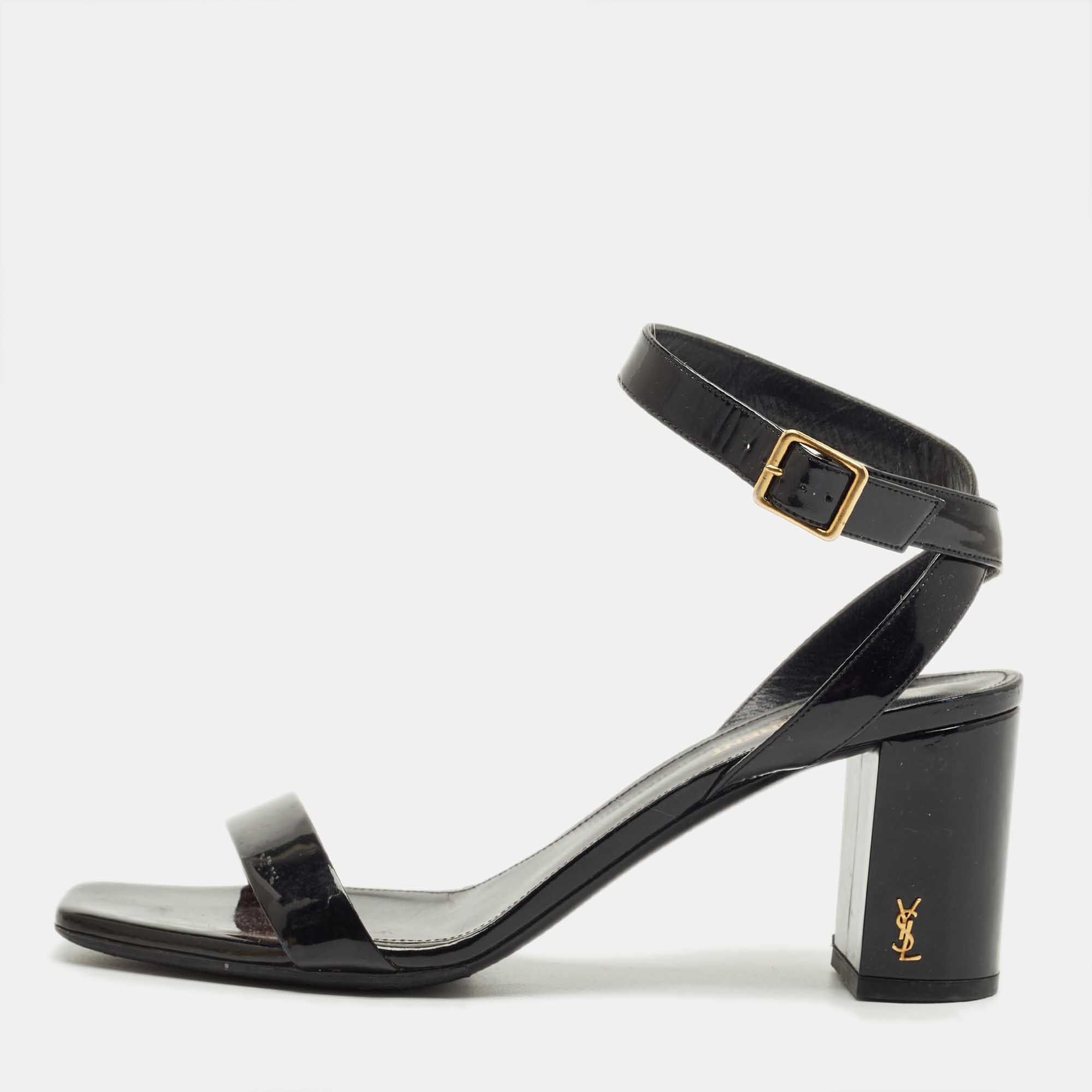 Pre-owned Saint Laurent Black Patent Leather Ankle Strap Sandals Size 39.5