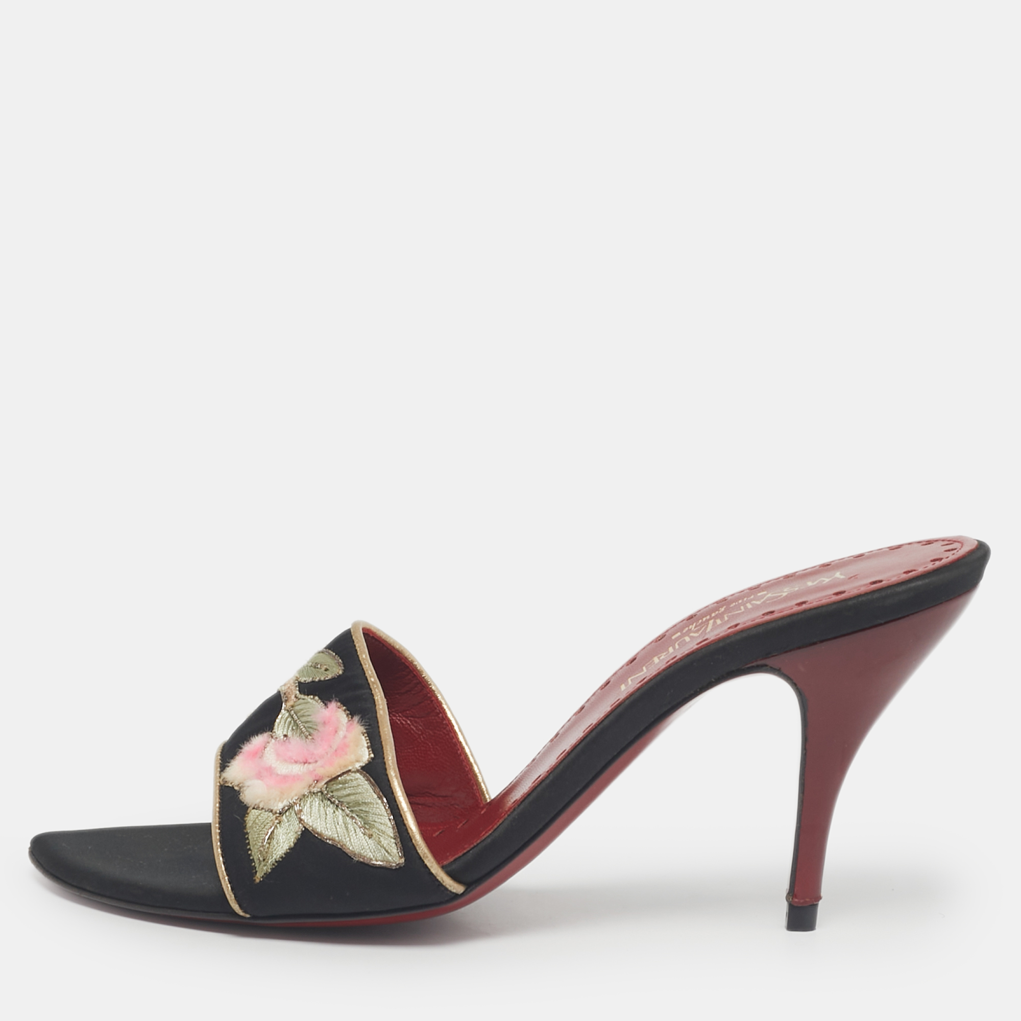 

Saint Laurent Black Leather and Satin Flower Embroidered Slide Sandals Size