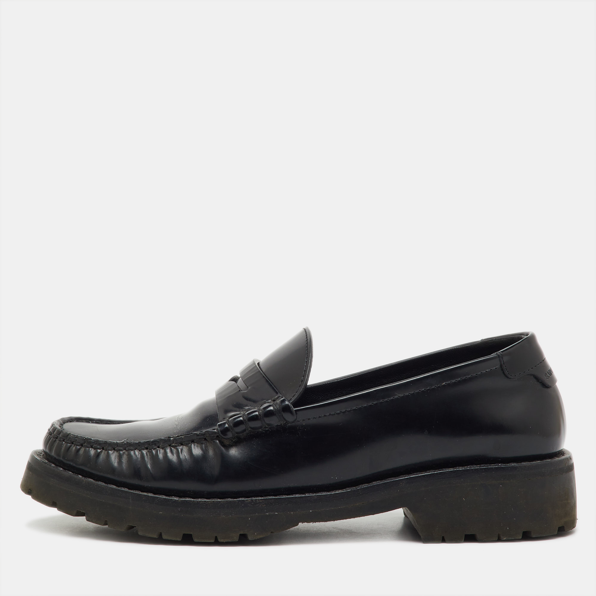 Pre-owned Saint Laurent Black Leather Slip On Penny Loafers Size 36