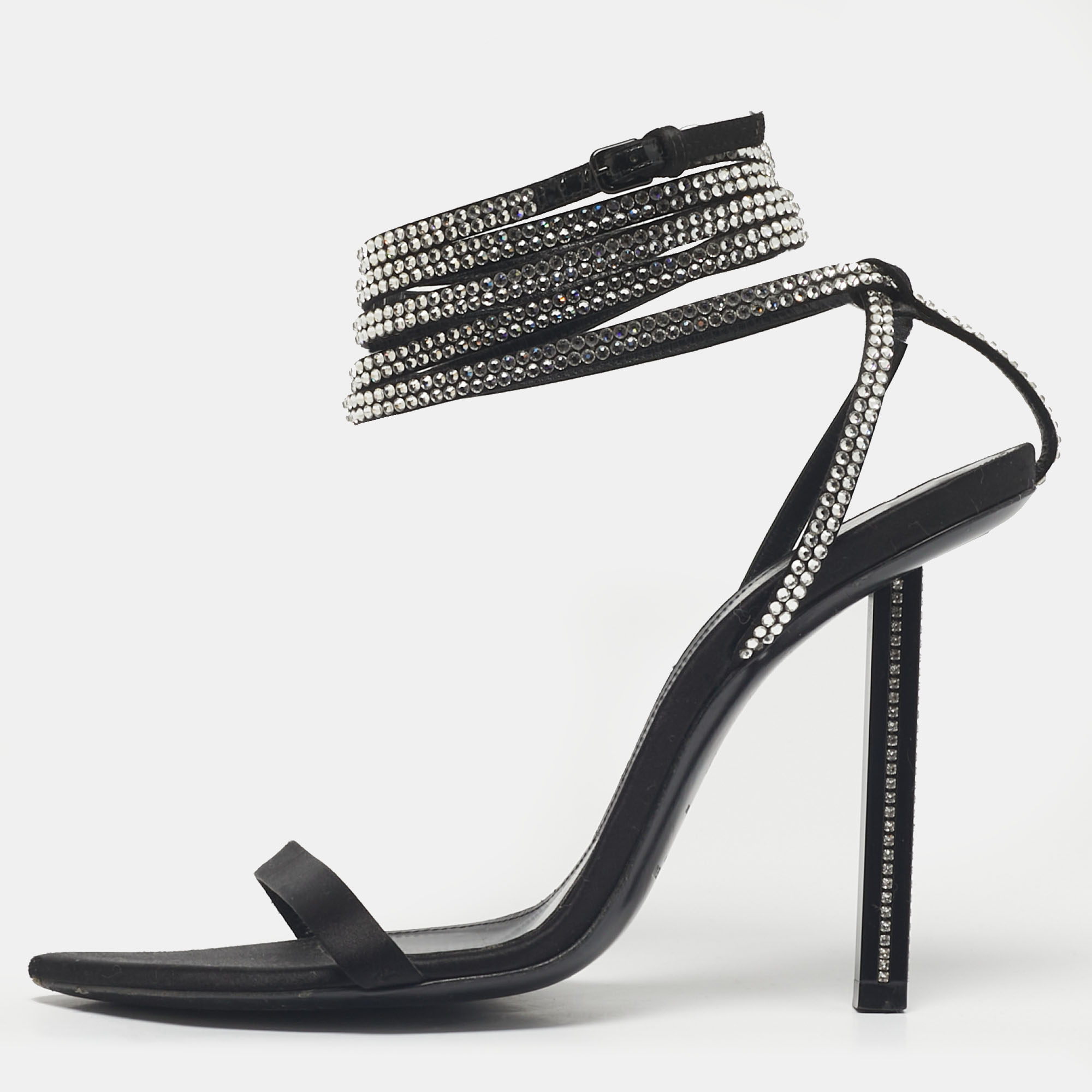 Pre-owned Saint Laurent Black Satin Georgia Ankle Strap Sandals Size 38