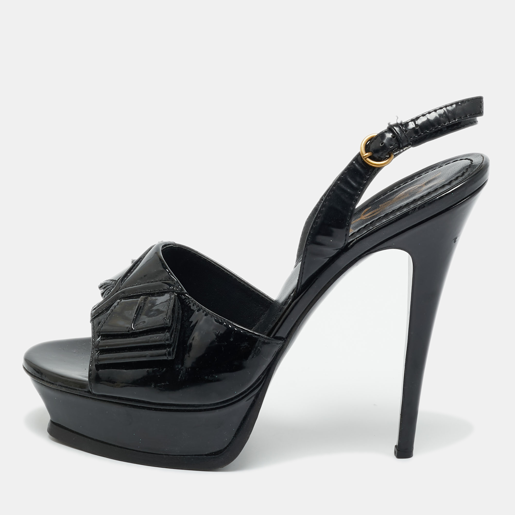 

Saint Laurent Black Patent Y Bow Platform Slingback Sandals Size