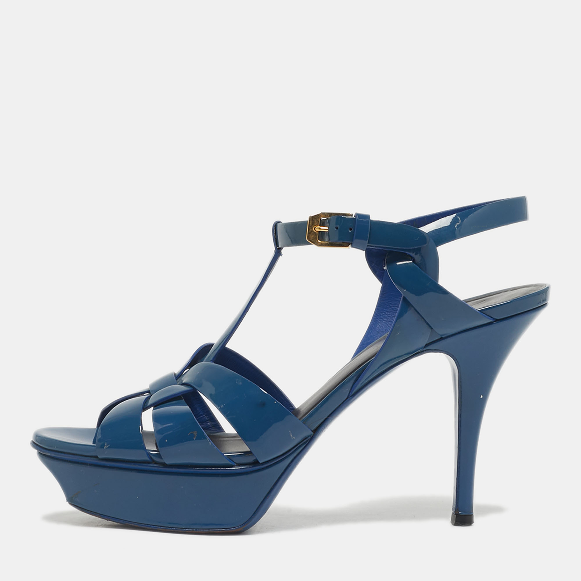 

Saint Laurent Paris Blue Patent Leather Tribute Platform Ankle Strap Sandals Size