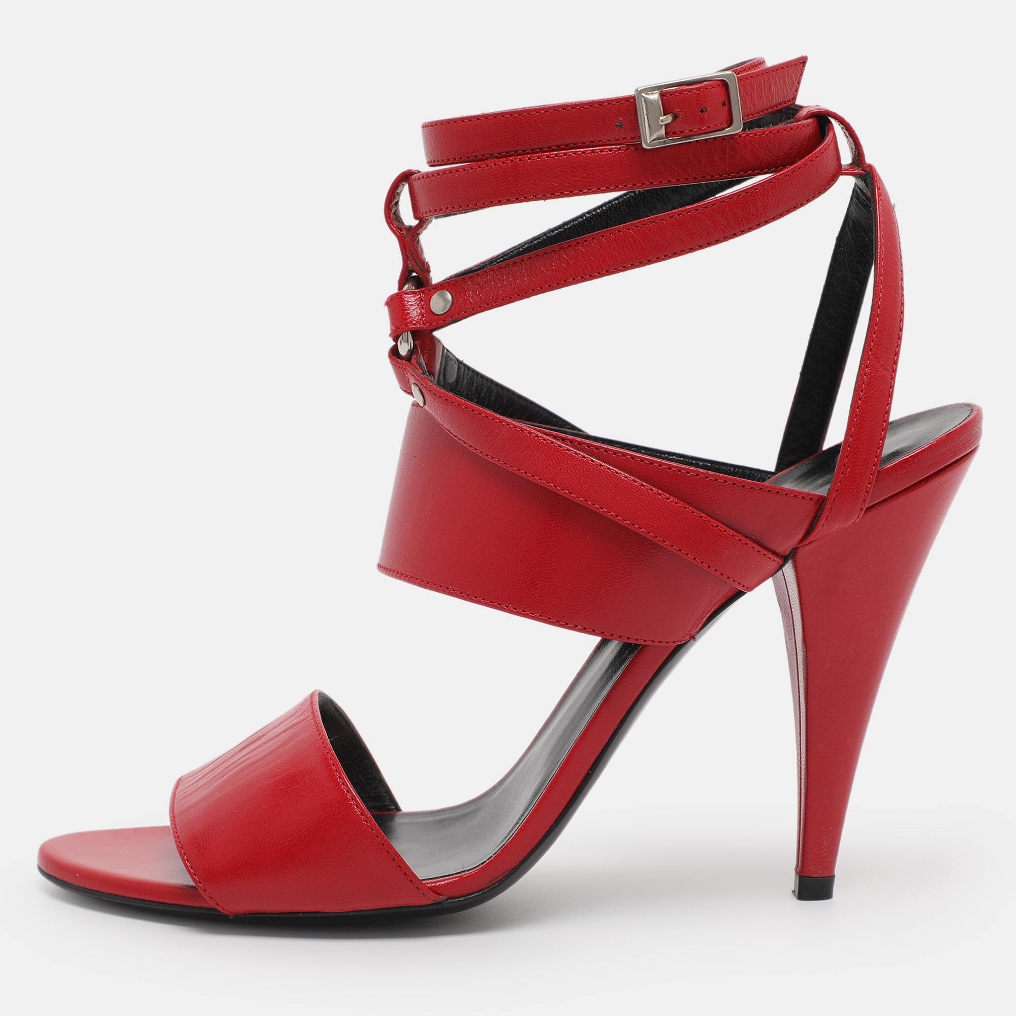 Pre-owned Saint Laurent Red Leather Ankle Strap Sandals Size 38.5