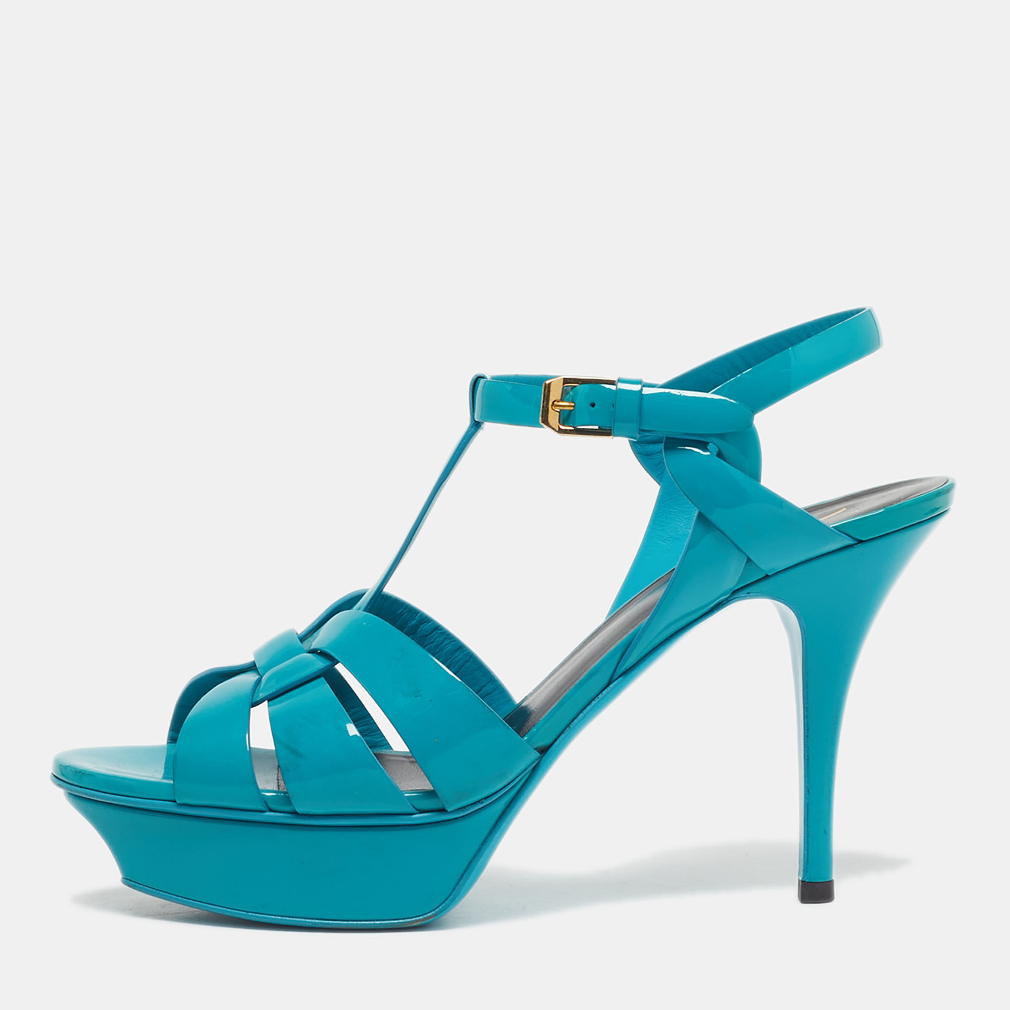Pre-owned Saint Laurent Blue Patent Leather Tribute Platform Sandals Size 39
