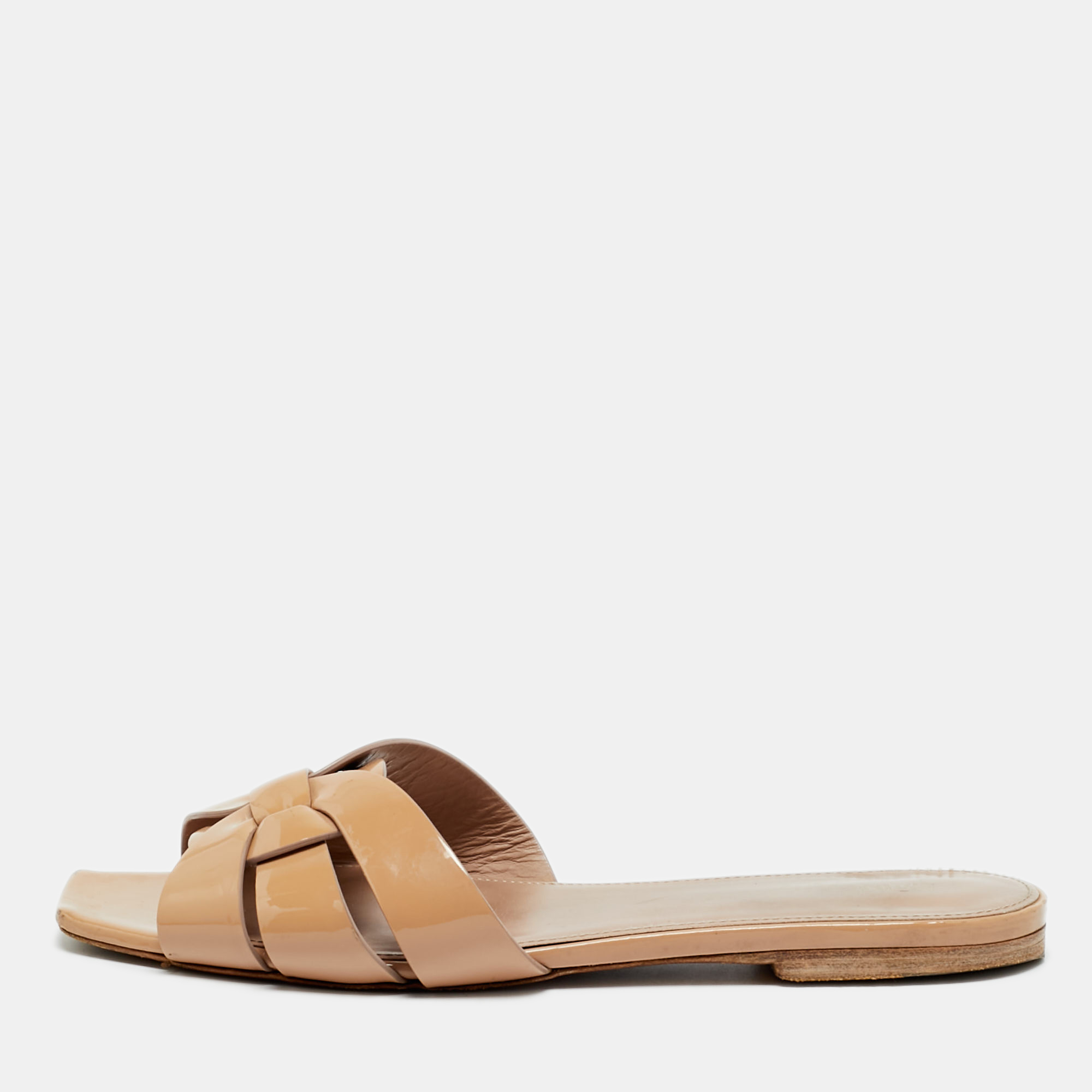 Pre-owned Saint Laurent Beige Patent Leather Tribute Flat Sandals Size 35.5