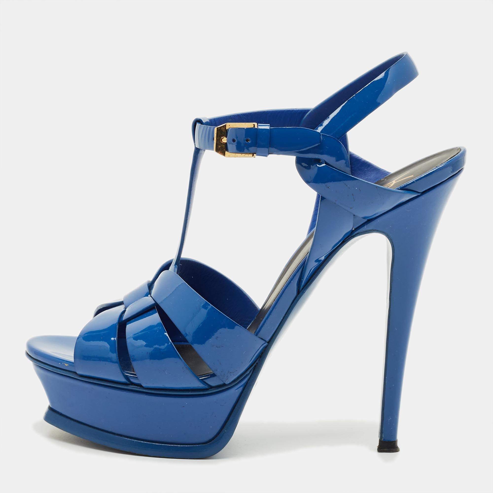 Pre-owned Saint Laurent Blue Patent Leather Tribute Platform Sandals Size 37.5