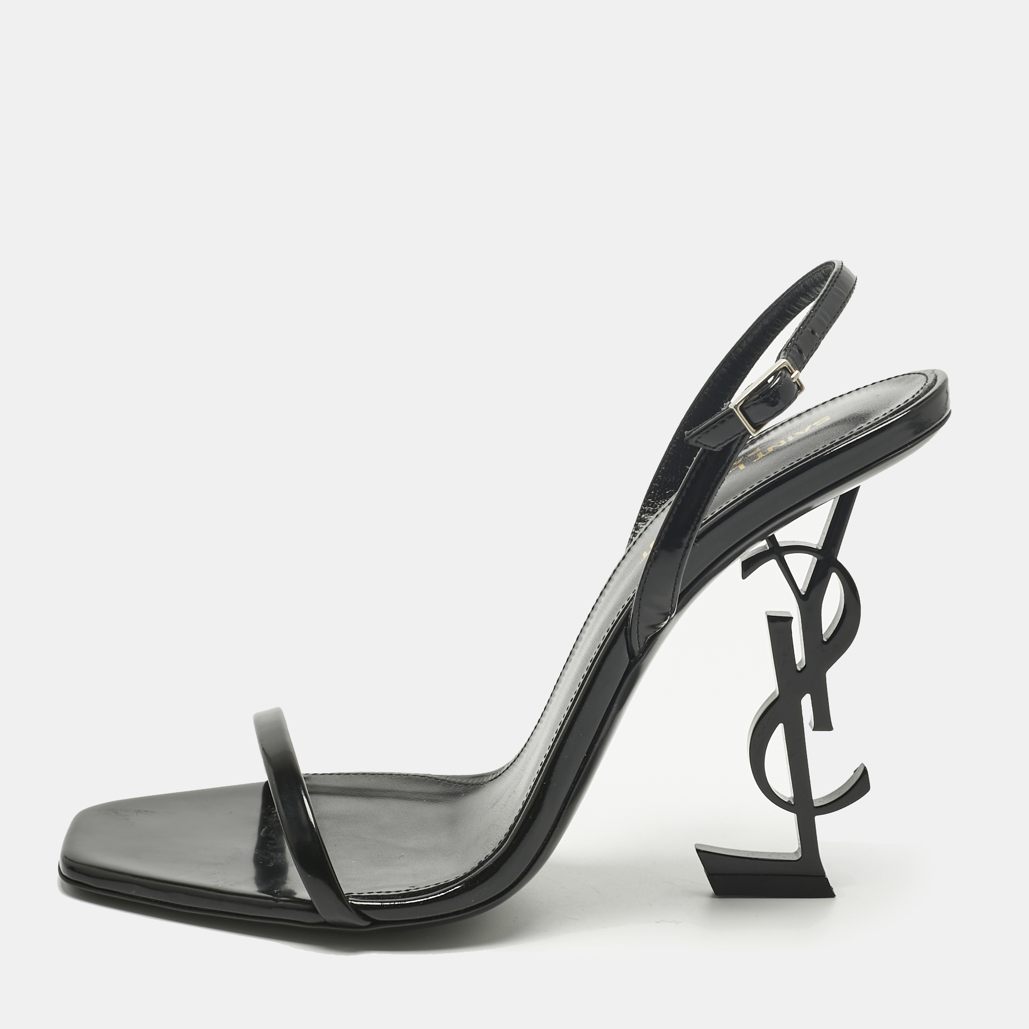 Pre-owned Saint Laurent Black Patent Leather Opyum Ankle Strap Sandals Size 40