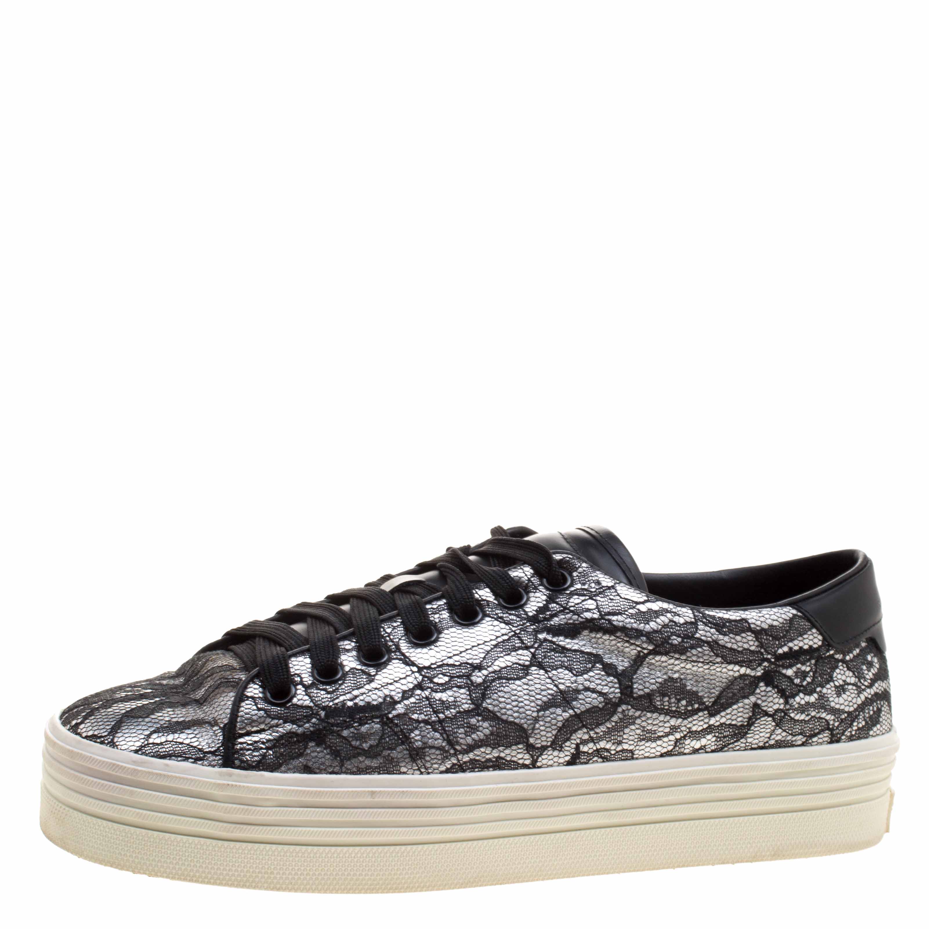 Saint Laurent Paris Black/Silver Lace and Leather Sneakers