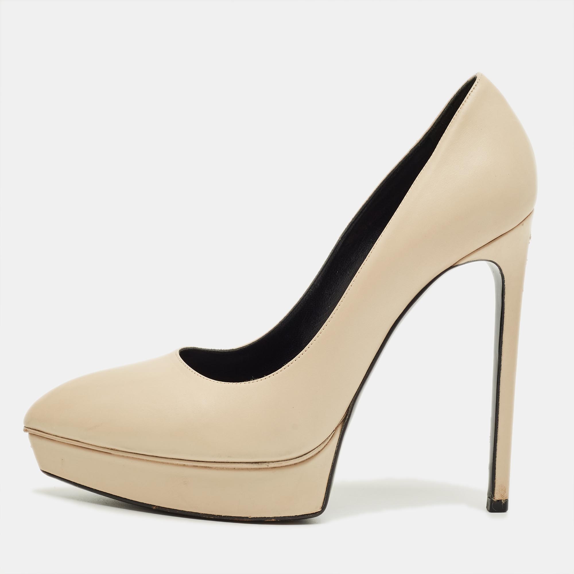 Pre-owned Saint Laurent Beige Leather Janis Pointed Toe Platform Pumps Size 38 In White