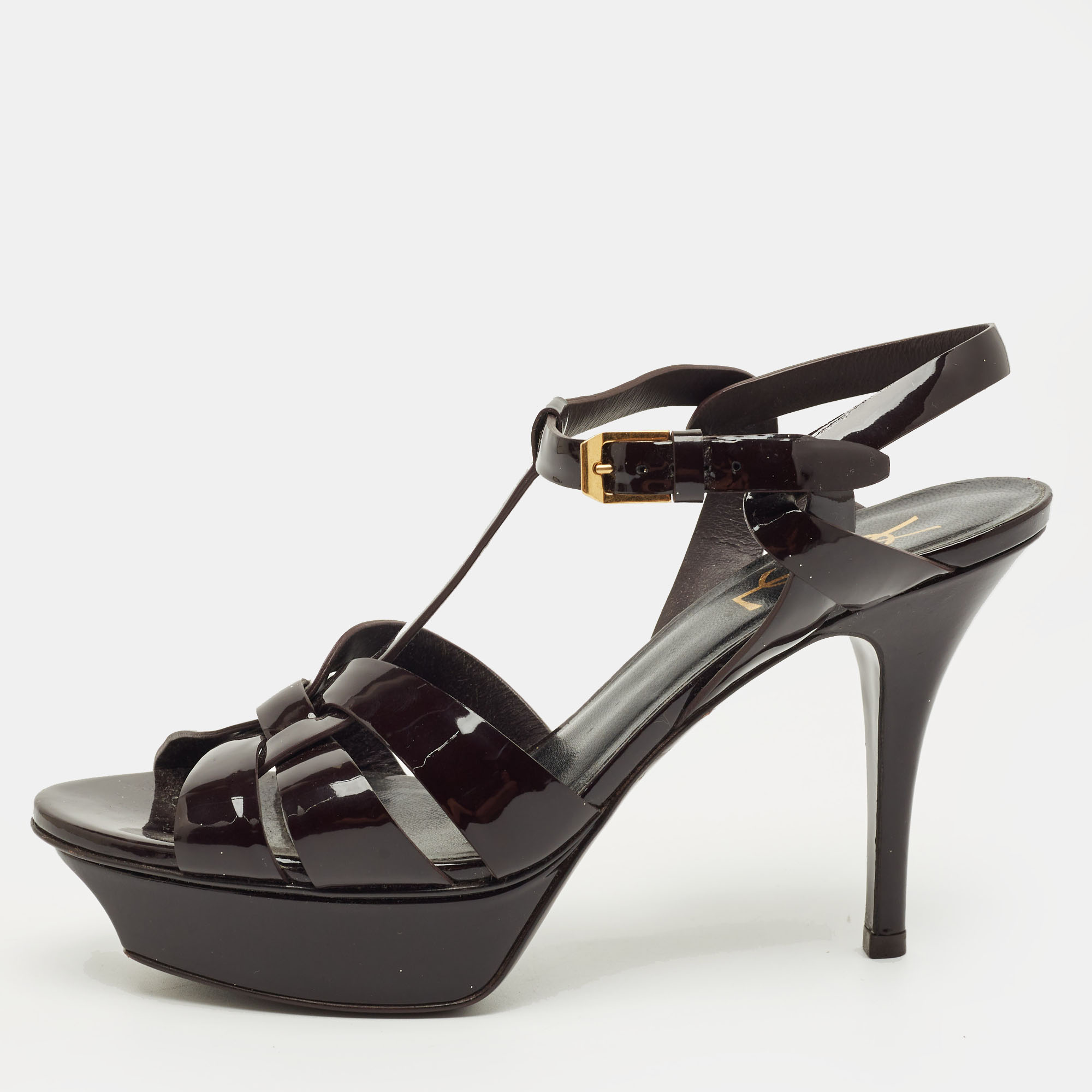 Pre-owned Saint Laurent Burgundy Patent Leather Tribute Platform Sandals Size 37.5