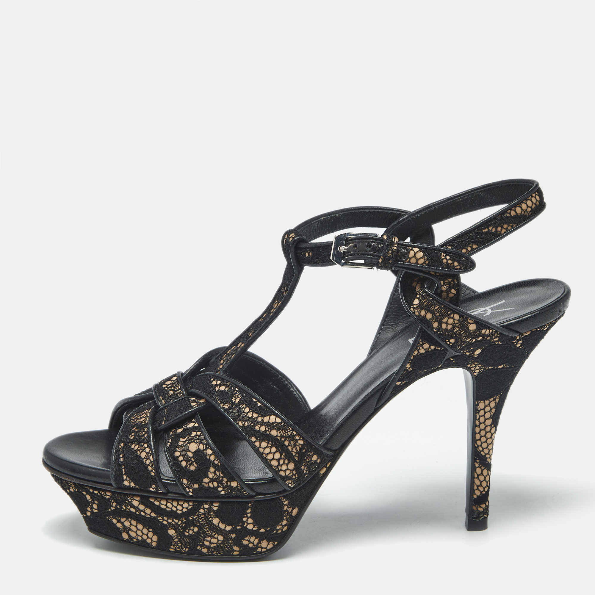 Pre-owned Saint Laurent Beige/black Suede And Mash Tribute Ankle Strap Sandals Size 38