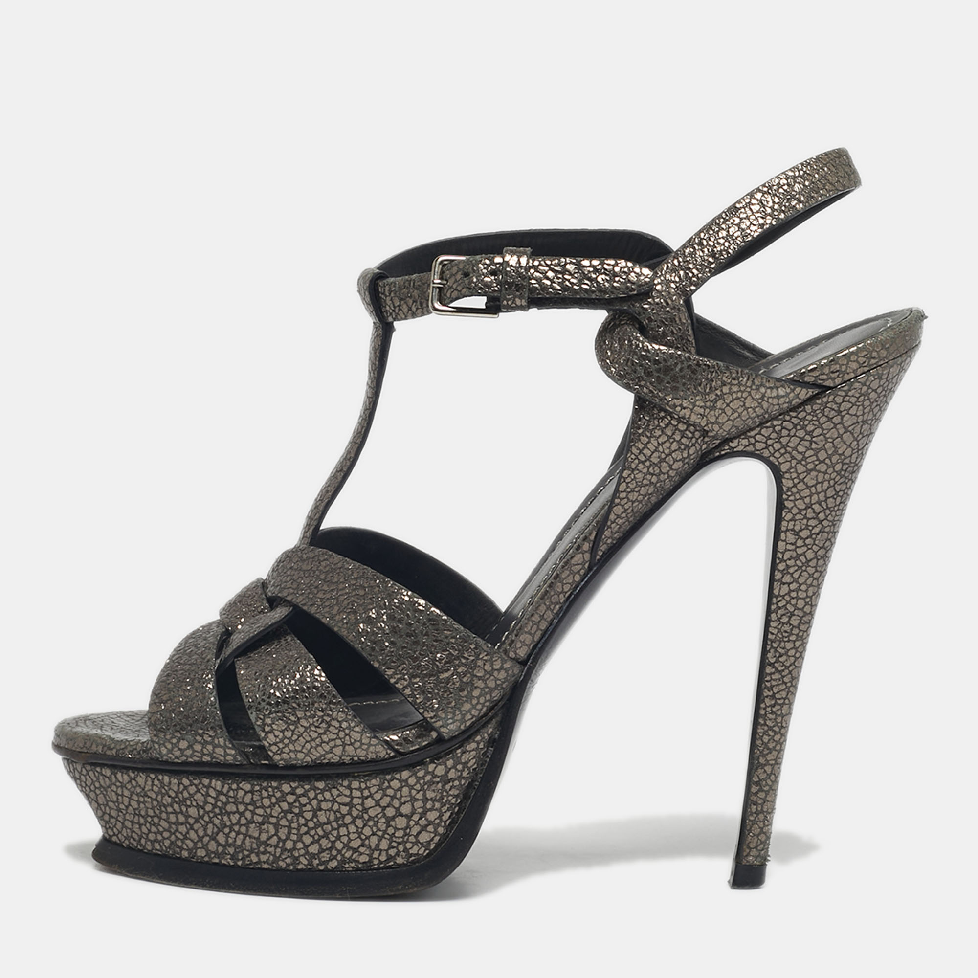Pre-owned Saint Laurent Grey/gold Leather Tribute Platform Sandals Size 39 In Silver