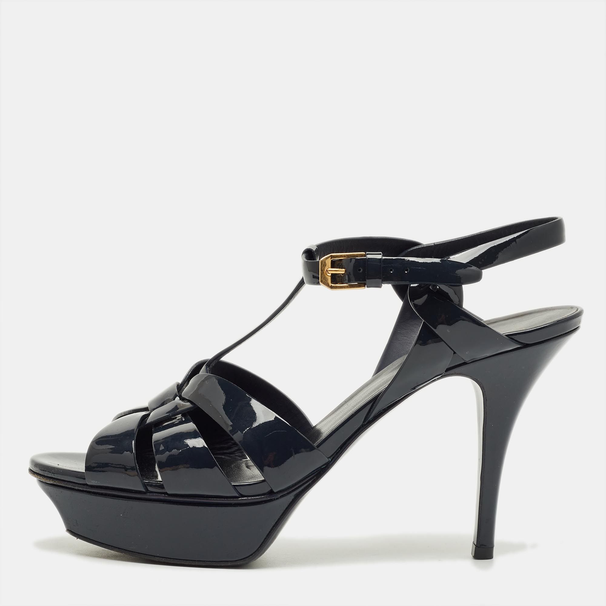 Pre-owned Saint Laurent Navy Blue Patent Leather Tribute Platform Sandals Size 40