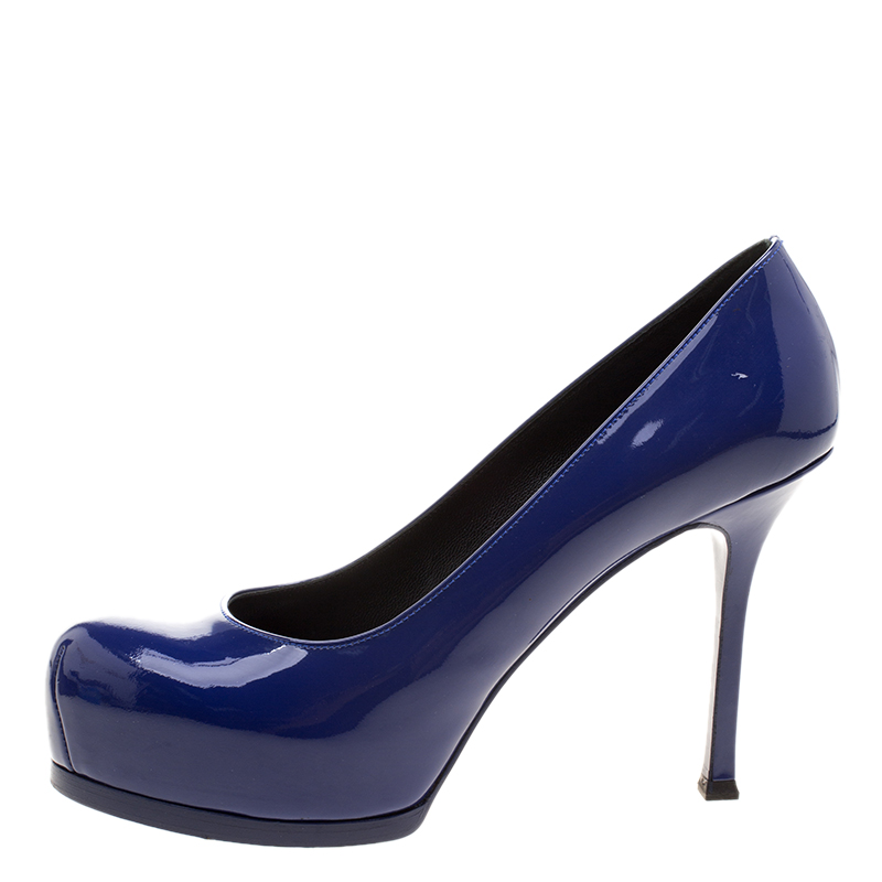 

Saint Laurent Paris Blue Patent Leather Tribtoo Platform Pumps Size