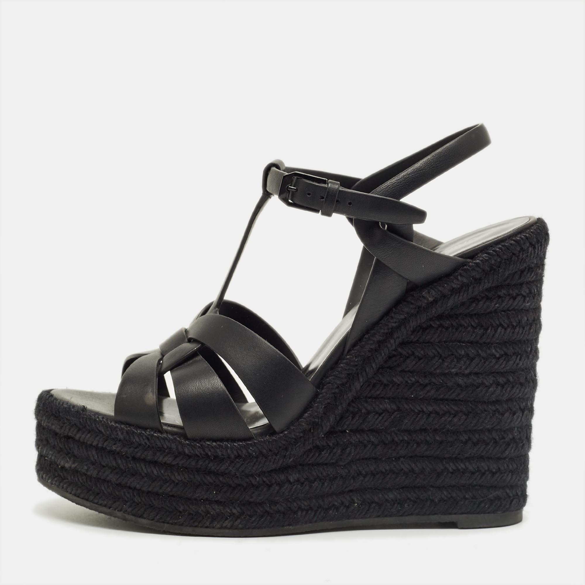 

Saint Laurent Black Leather Tribute Espadrille Wedge Sandals Size