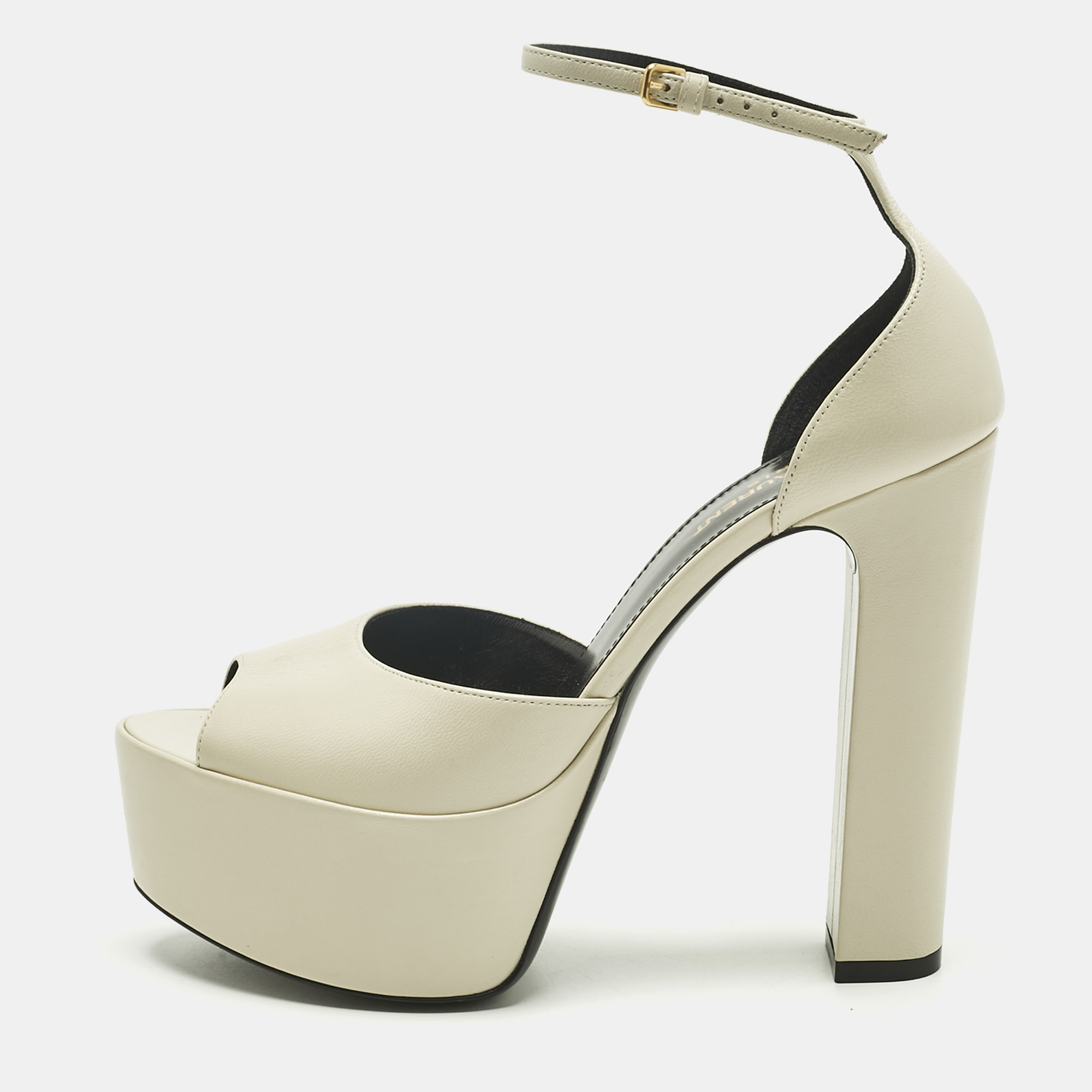 Pre-owned Saint Laurent Cream Leather Jodie Ankle Strap Sandals Size 38.5 In White