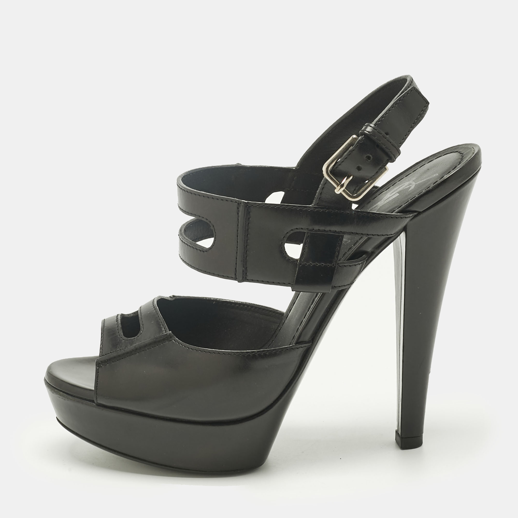 

Saint Laurent Black Leather Double Cutout Strap Ankle Strap Sandals Size