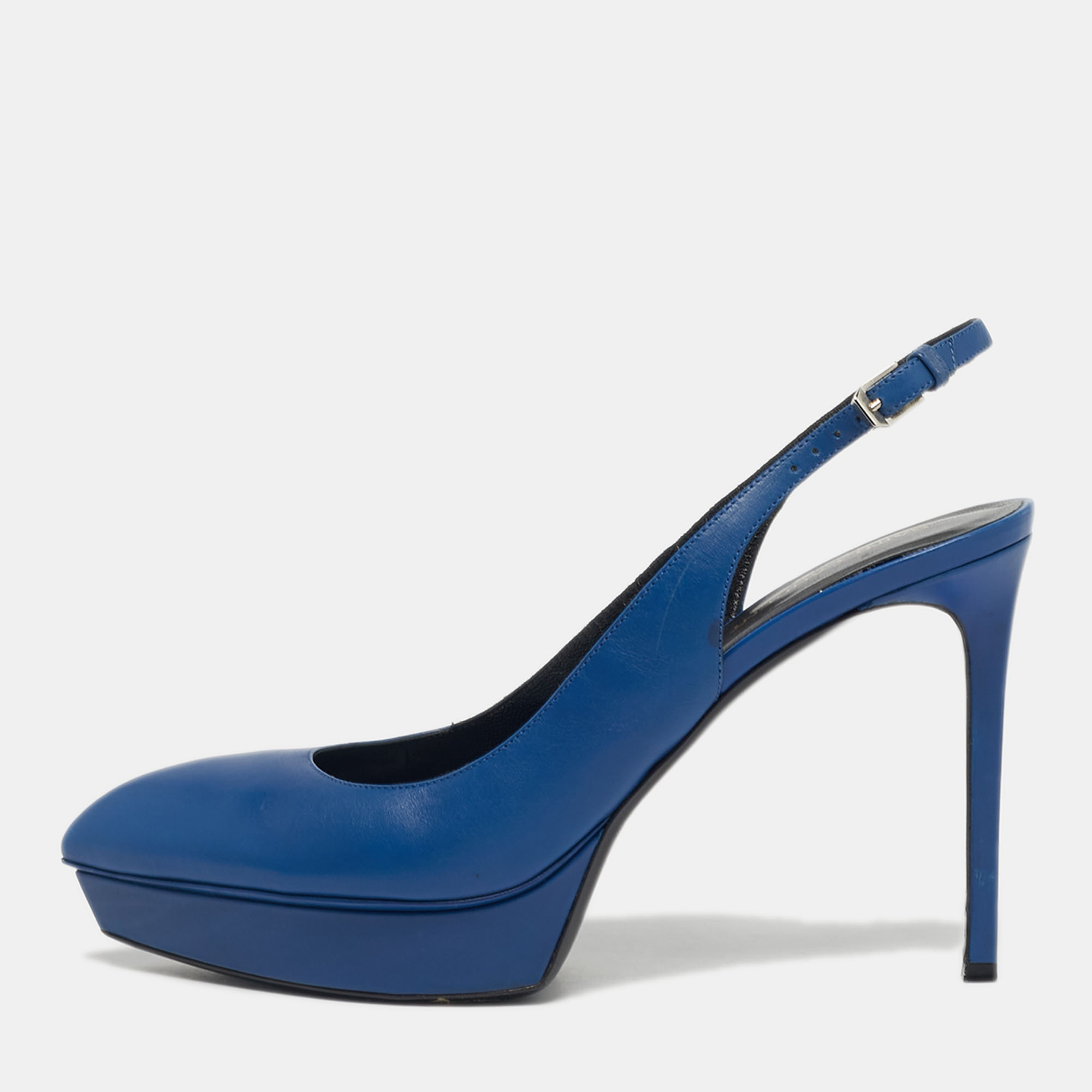 Pre-owned Saint Laurent Blue Leather Platform Slingback Pumps Size 40