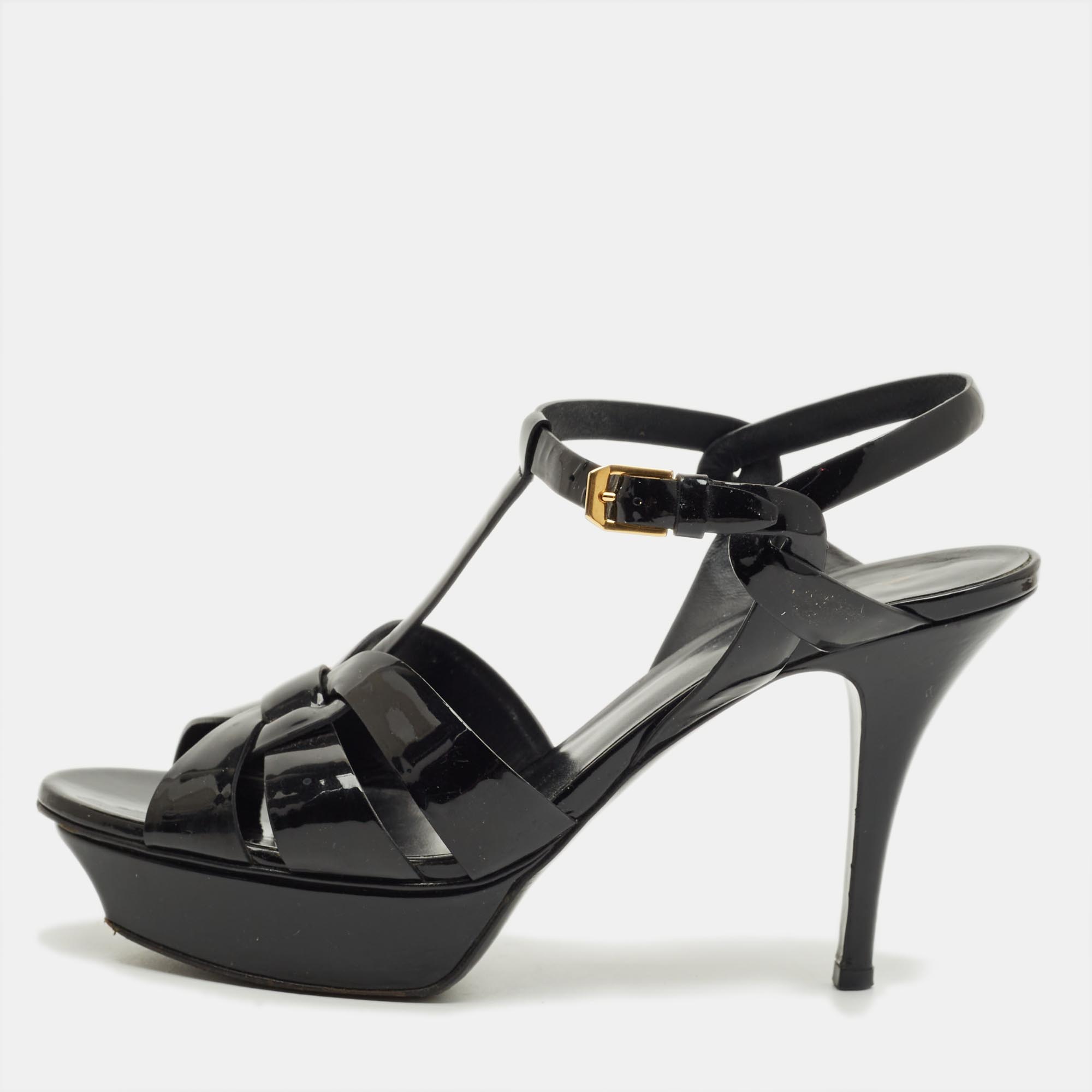 Pre-owned Saint Laurent Black Patent Leather Tribute Platform Sandals Size 39.5
