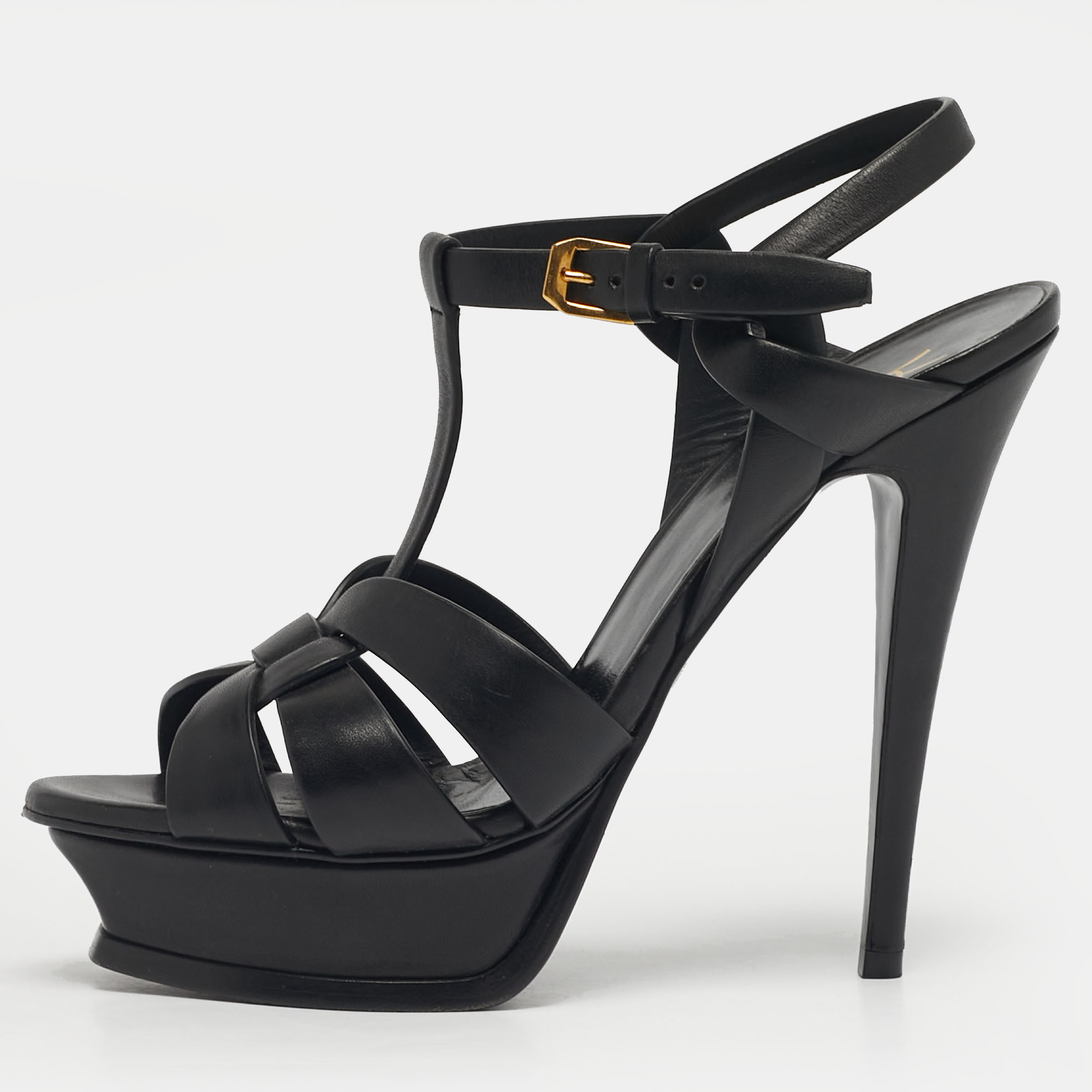 Pre-owned Saint Laurent Black Leather Platform Sandals Size 37.5