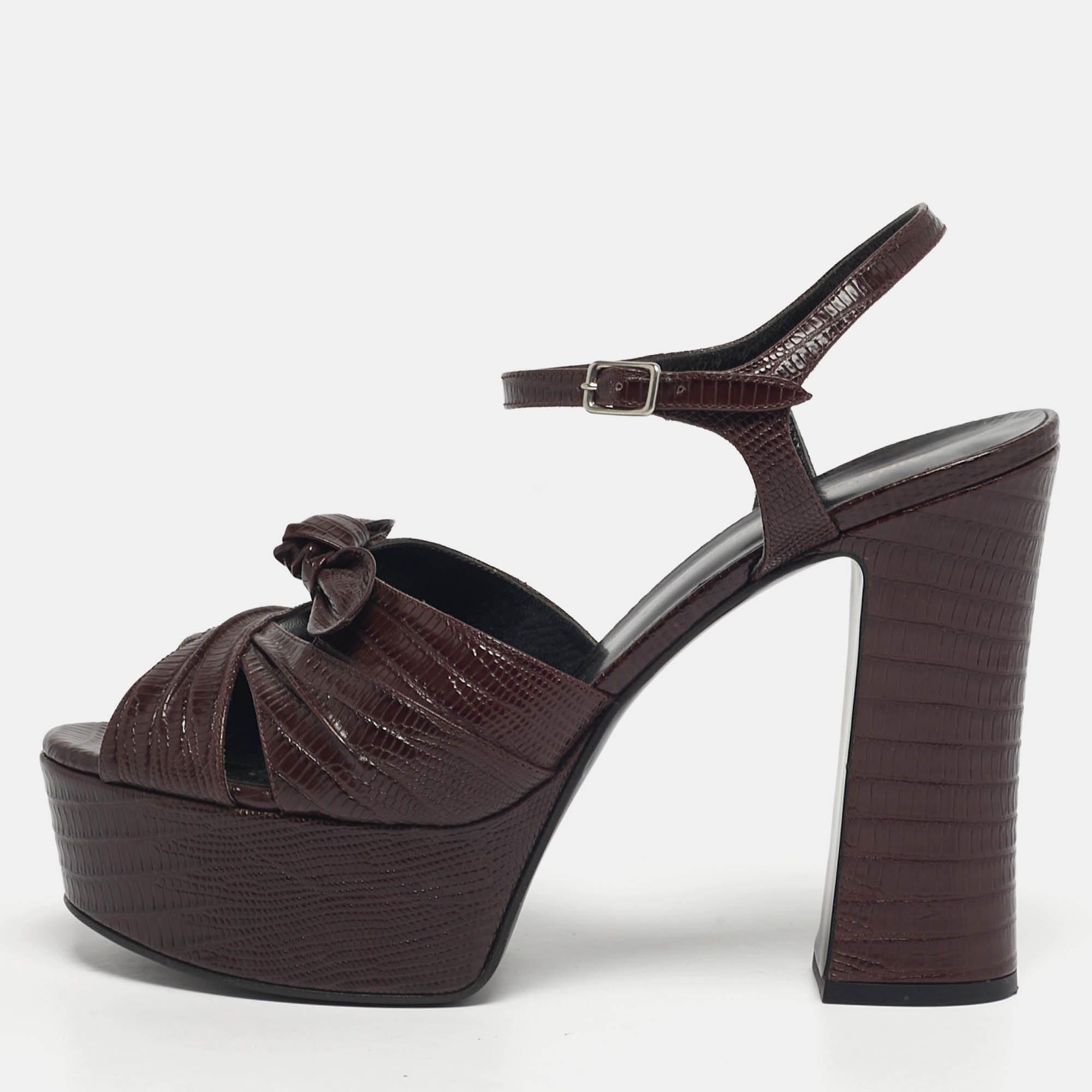 Pre-owned Saint Laurent Burgundy Lizard Embossed Leather Candy Platform Ankle Strap Sandals Size 40.5