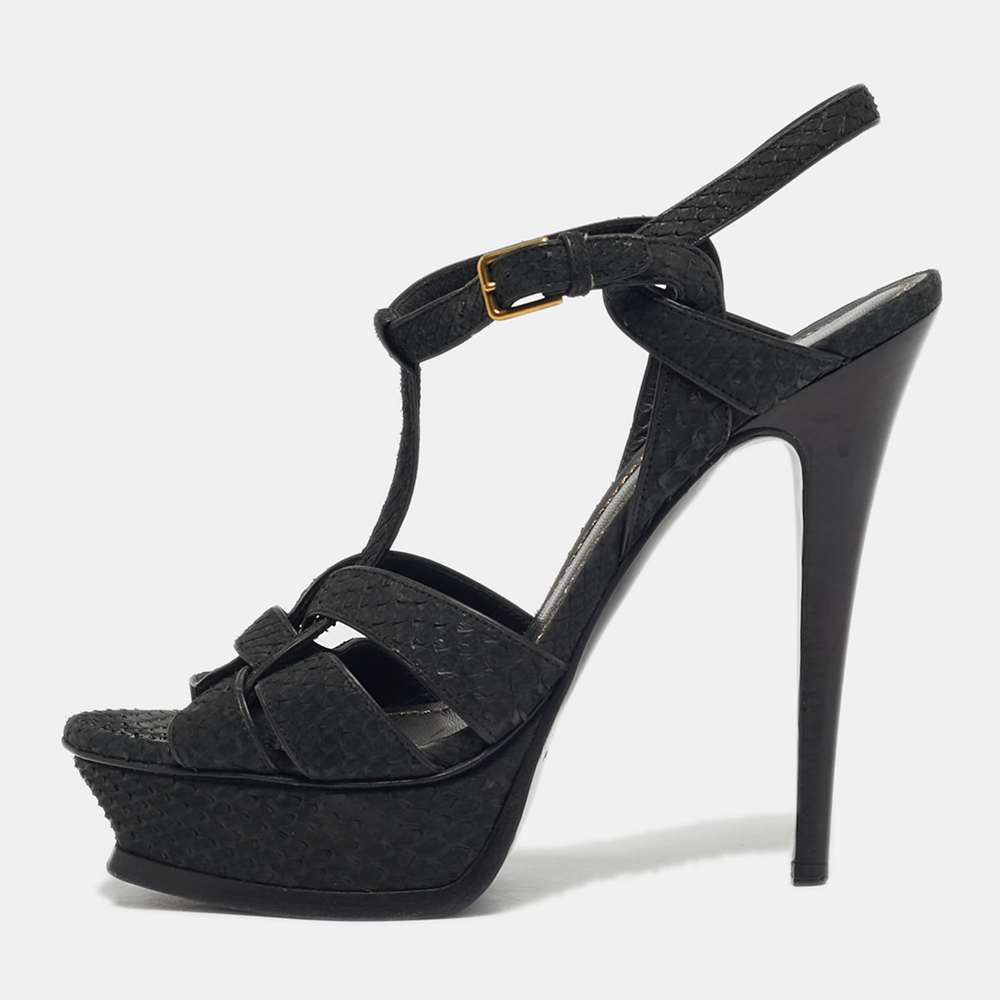 

Saint Laurent Black Python Leather Tribute Ankle Strap Sandals Size
