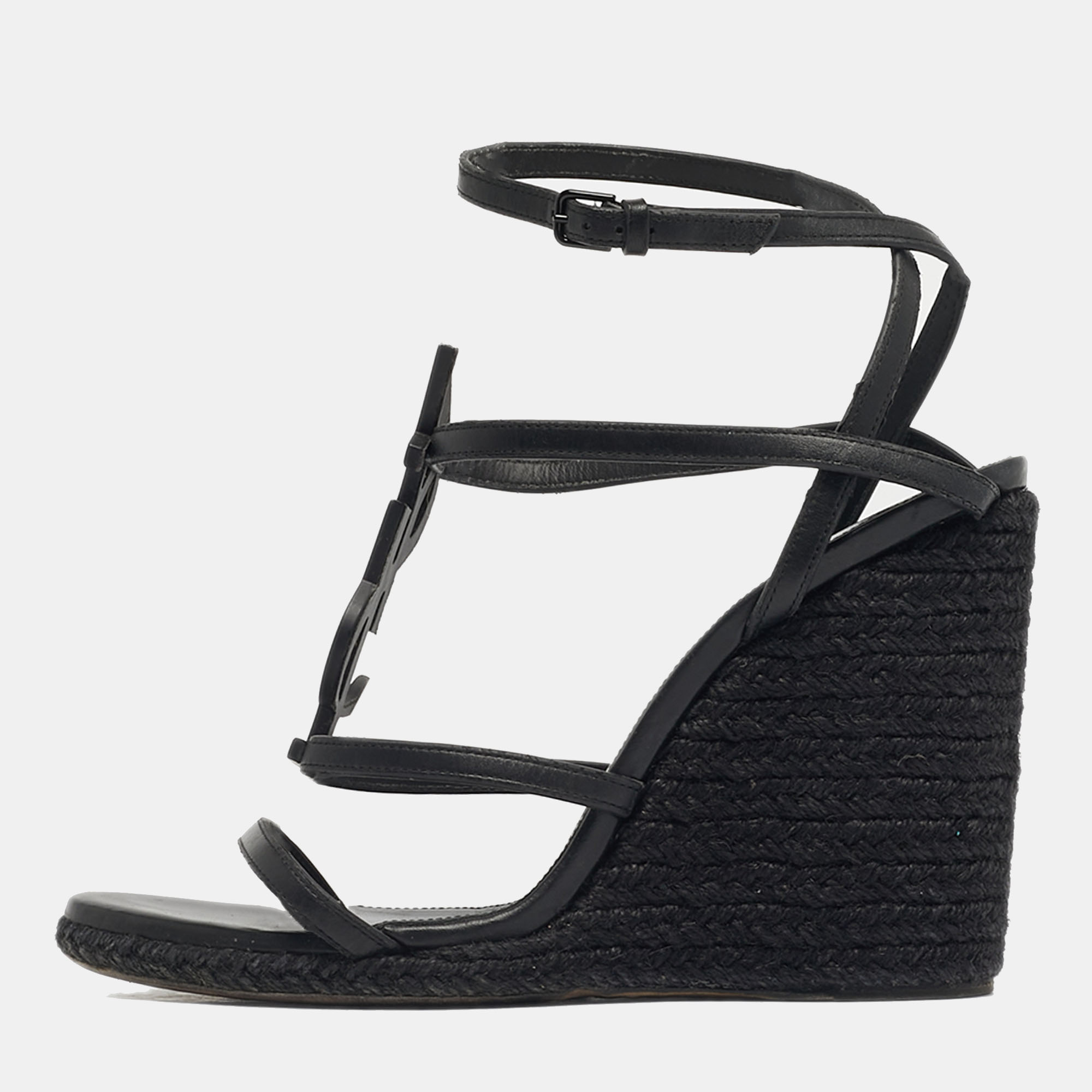 Pre-owned Saint Laurent Black Leather Tribute Wedge Espadrille Sandals Size 39.5