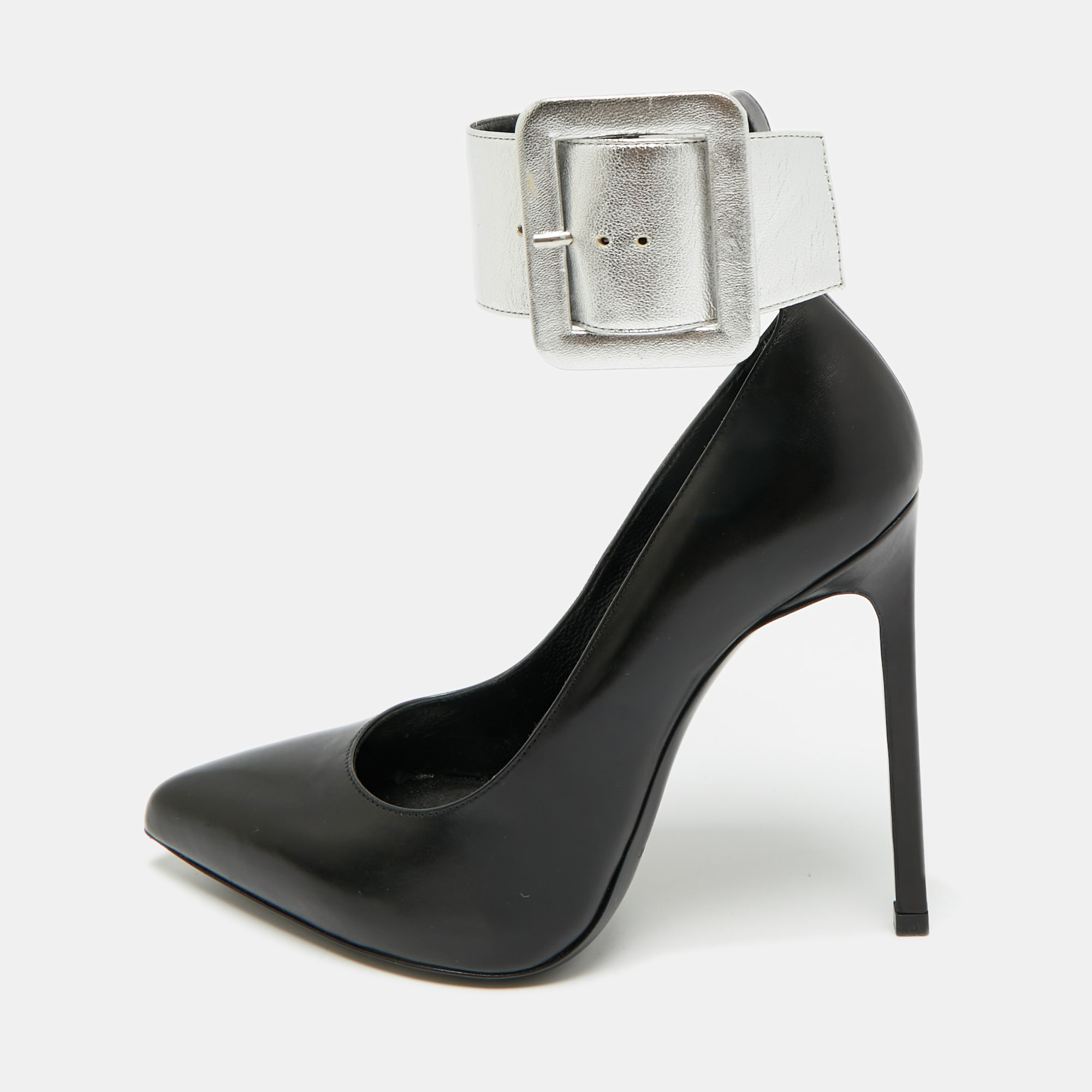Pre-owned Saint Laurent Size 35.5 Black Leather Escarpin Ankle Cuff Pumps